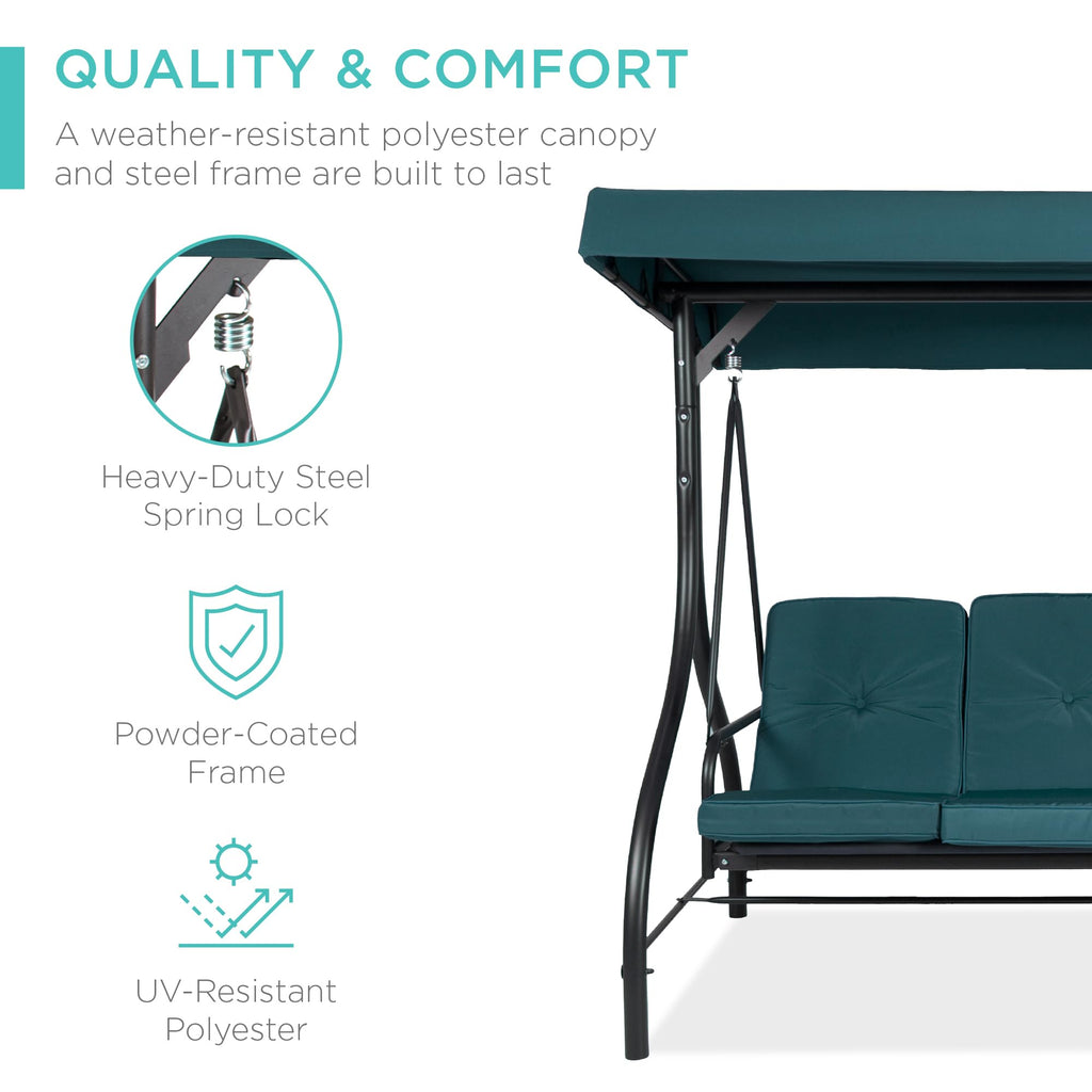 Best Choice Products 3-Seat Outdoor Large Converting Canopy Swing Glider, Patio Hammock Lounge Chair For Porch, Backyard W/Flatbed, Adjustable Shade, Removable Cushions - Peacock