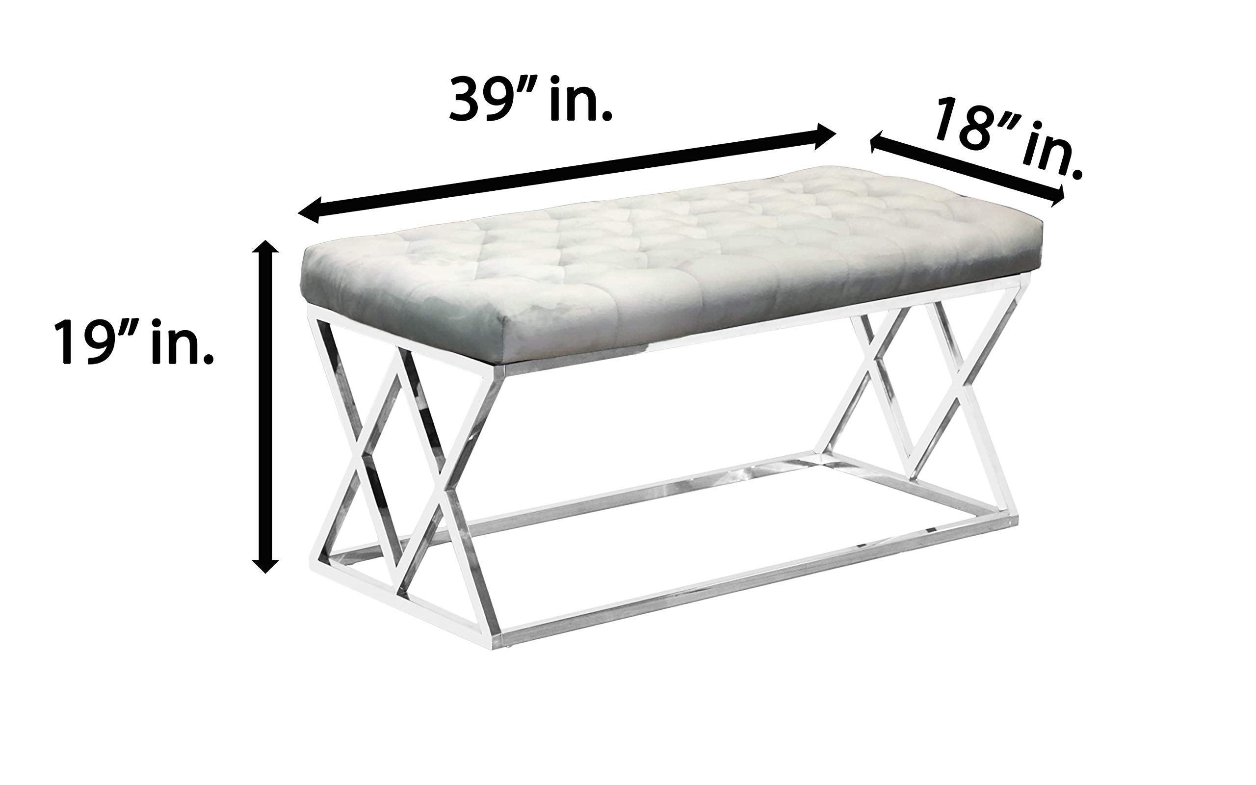 Best Master Furniture Emilio Velour Tufted Bench With Stainless Steel Frame, Grey
