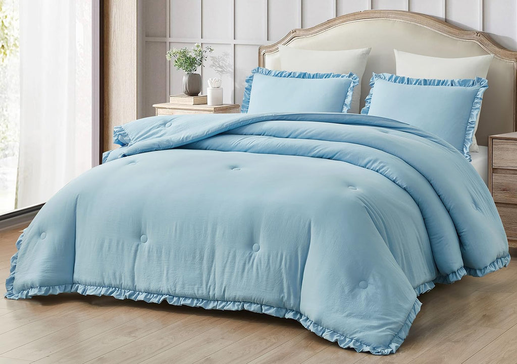 Chezmoi Collection Nora Chambray Blue Comforter Set King Size 3-Piece Fluffy Soft Lightweight Bedding Ruffled Edge Trim Stone-Wa