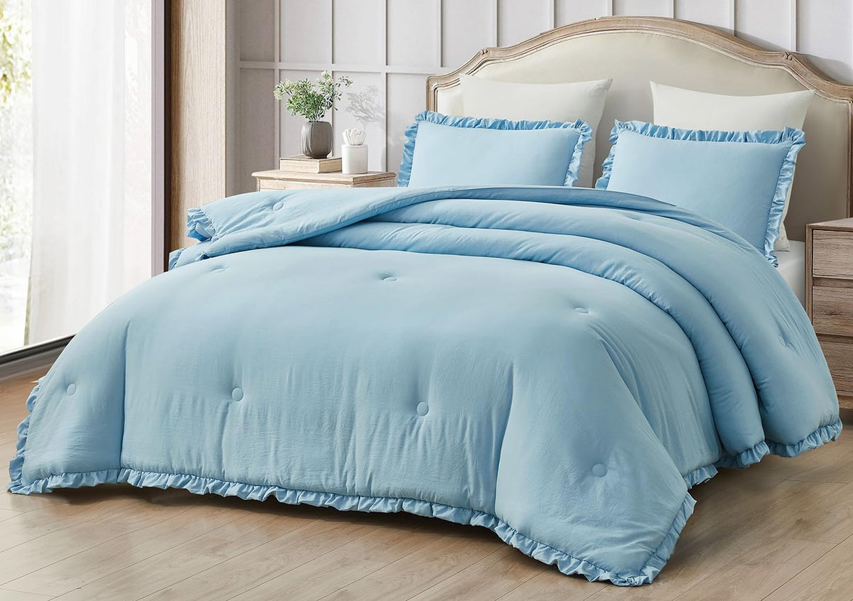 Chezmoi Collection Nora Chambray Blue Comforter Set King Size 3-Piece Fluffy Soft Lightweight Bedding Ruffled Edge Trim Stone-Wa