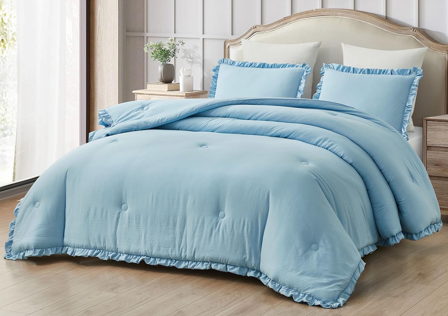 Chezmoi Collection Nora Chambray Blue Comforter Set King Size 3-Piece Fluffy Soft Lightweight Bedding Ruffled Edge Trim Stone-Wa