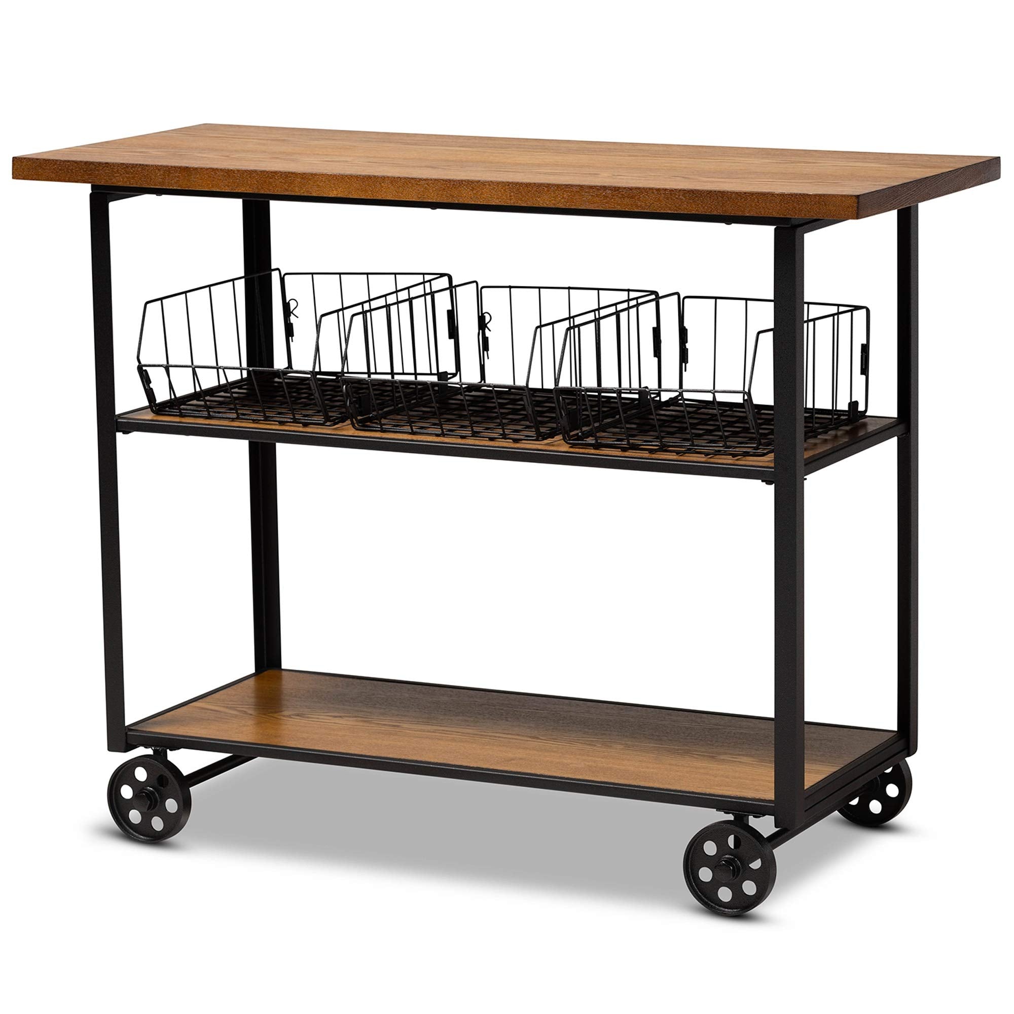 Baxton Studio Felix Rustic and Industrial Farmhouse Walnut Brown Finished Wood and Black Finished Metal Console Cart