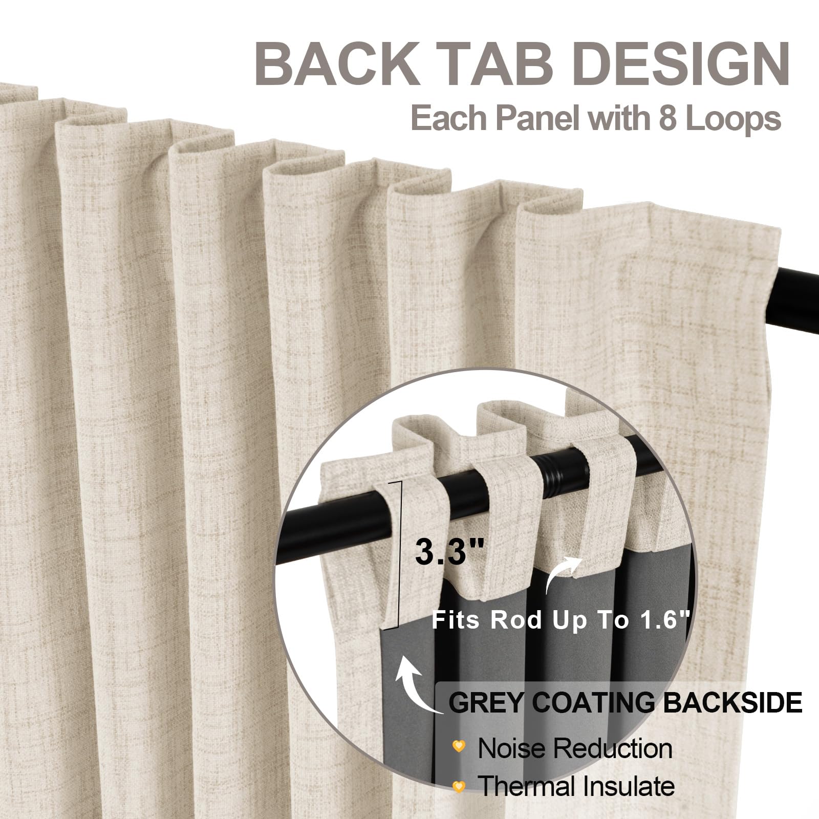 Inovaday 100% Blackout Cream Curtains For Bedroom, Thermal Insulated Linen Blackout Curtains 63 Inch Length 2 Panels Set, Back T