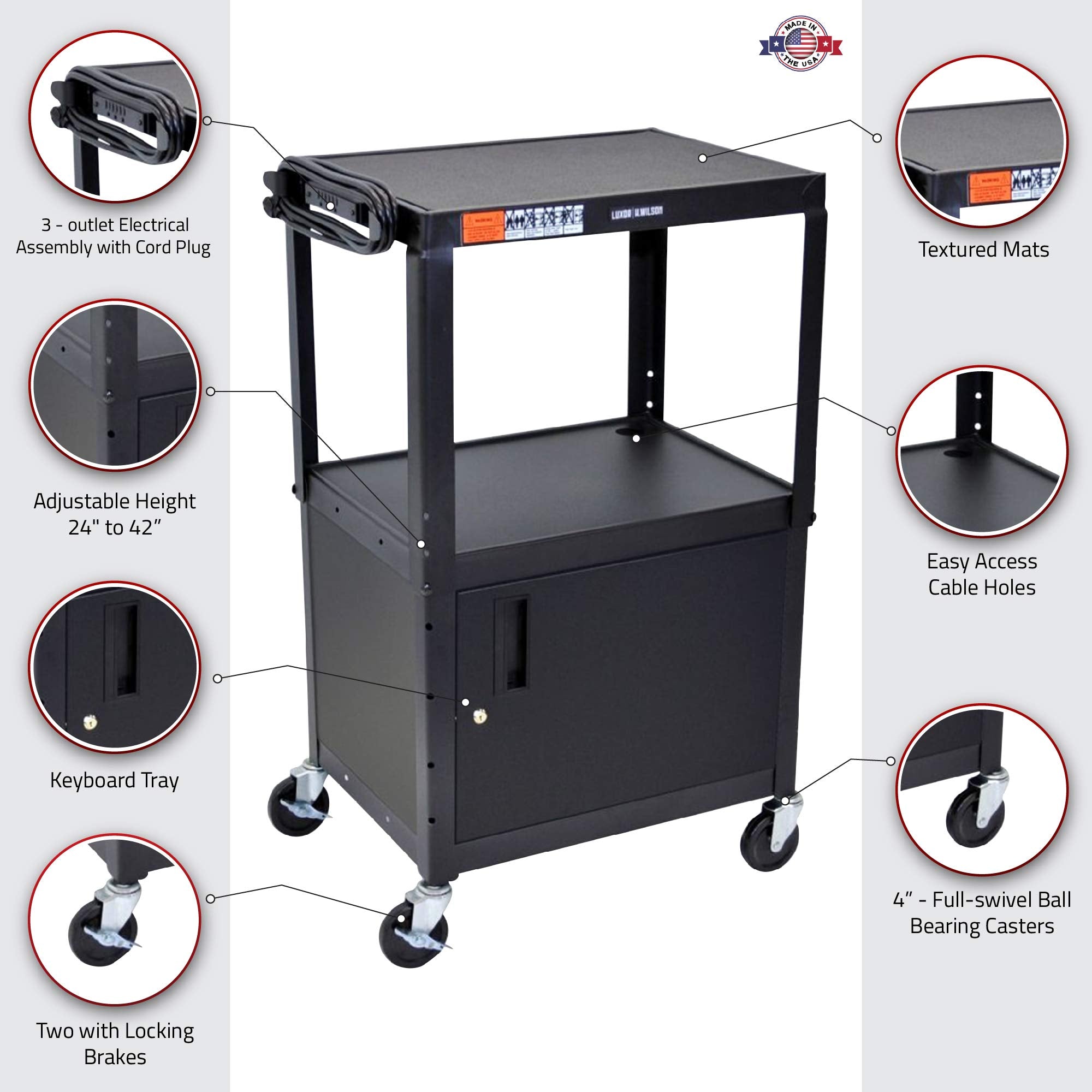 Luxor Multipurpose Adjustable Height Steel A/V Utility Cart with Cabinet - Black