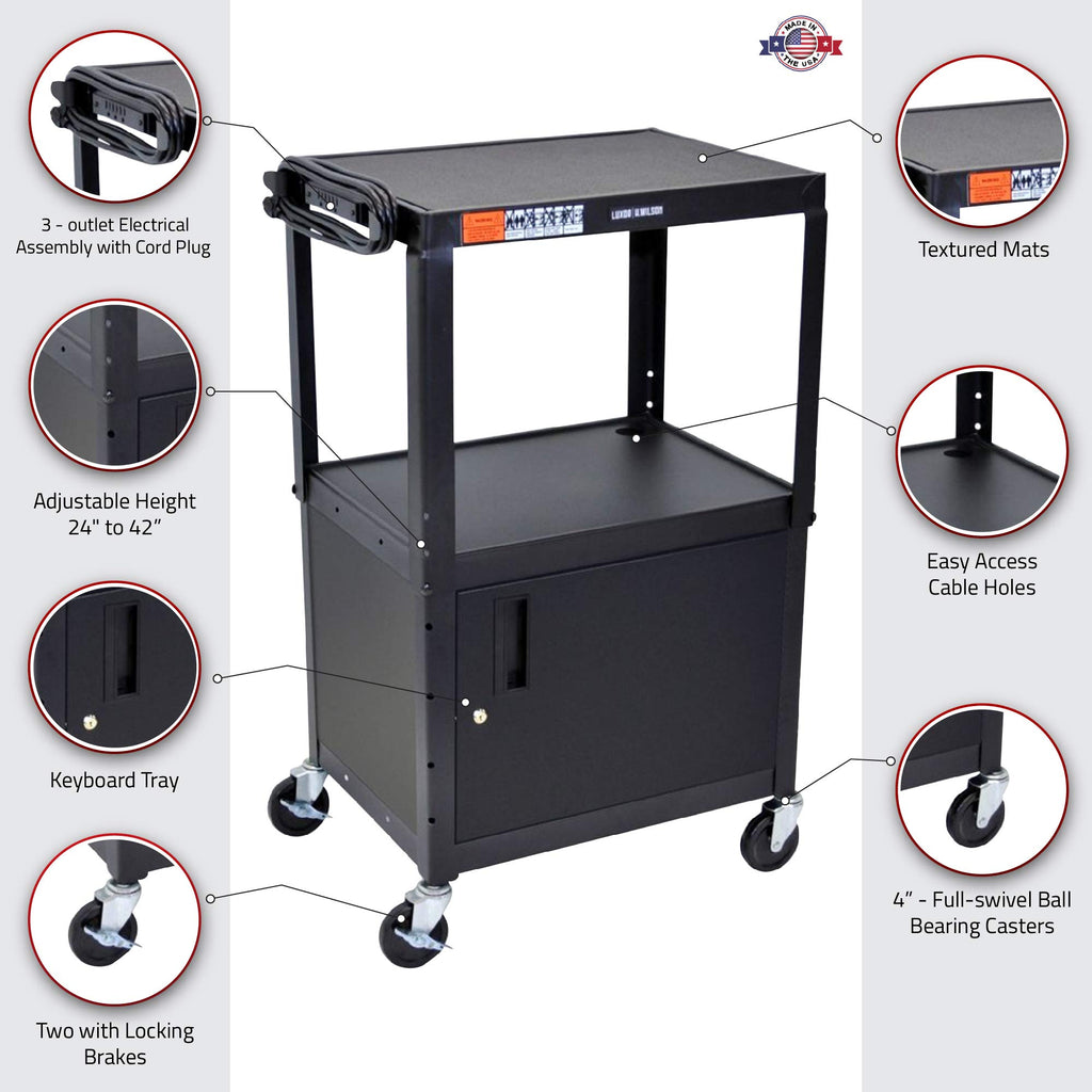 Luxor Multipurpose Adjustable Height Steel A/V Utility Cart with Cabinet - Black