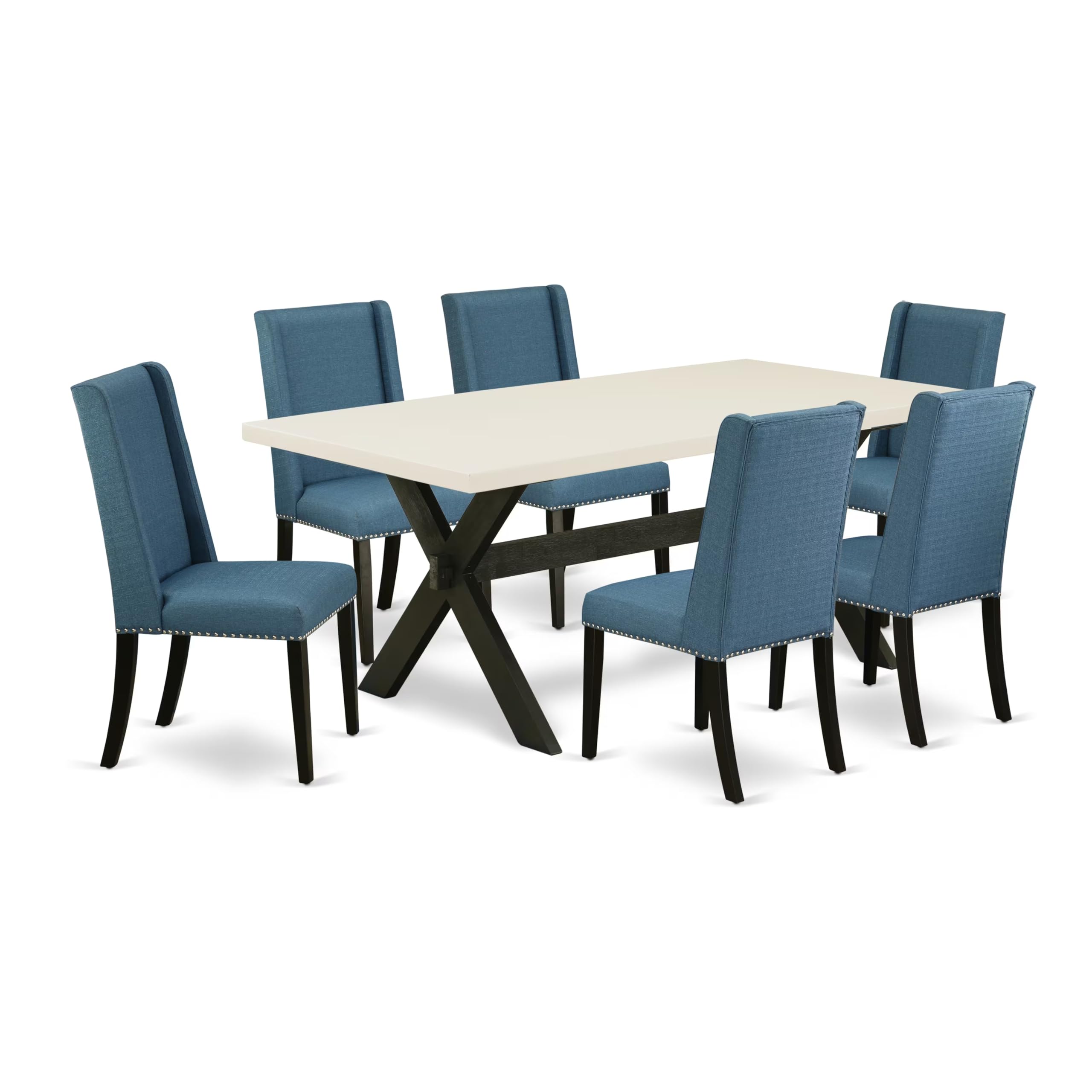 East West Furniture X627Fl121-7 7 Piece Kitchen Table Set Consist Of A Rectangle Dining Table With X-Legs And 6 Blue Linen Fabric Parsons Dining Chairs, 40X72 Inch, Multi-Color