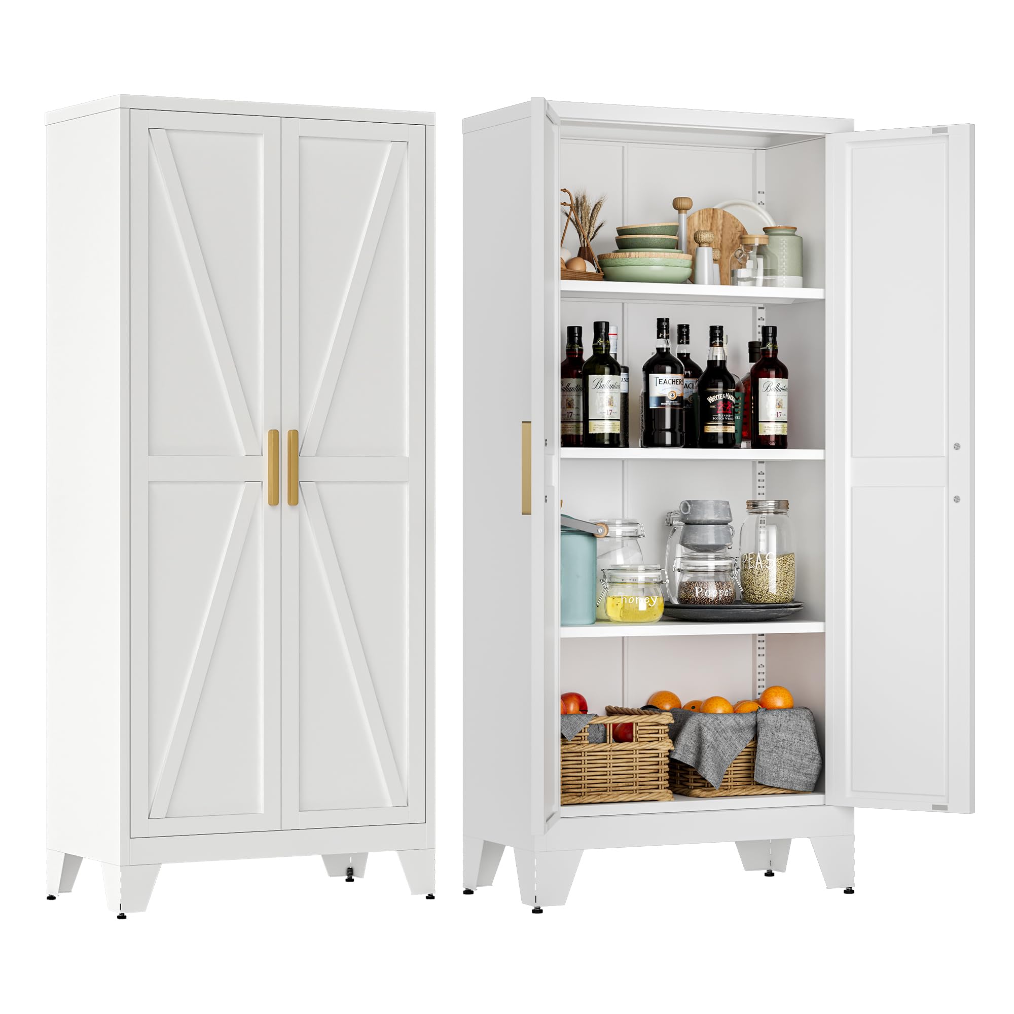 61  Tall Metal Storage Cabinet with 2 Doors and 3 Adjustable Shelves, 4-Tier Kitchen Pantry Storage Cabinet for Kitchen, Living 
