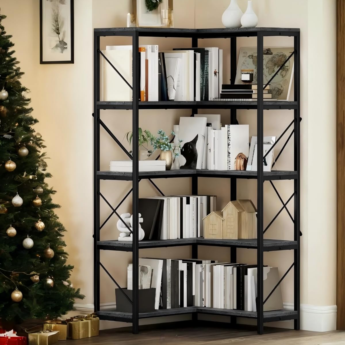 YITAHOME Corner Bookshelf, Industrial Corner Shelf 5 Tier Bookcase, Large Display Rack Storage for Bedroom, Living Room, Home Of