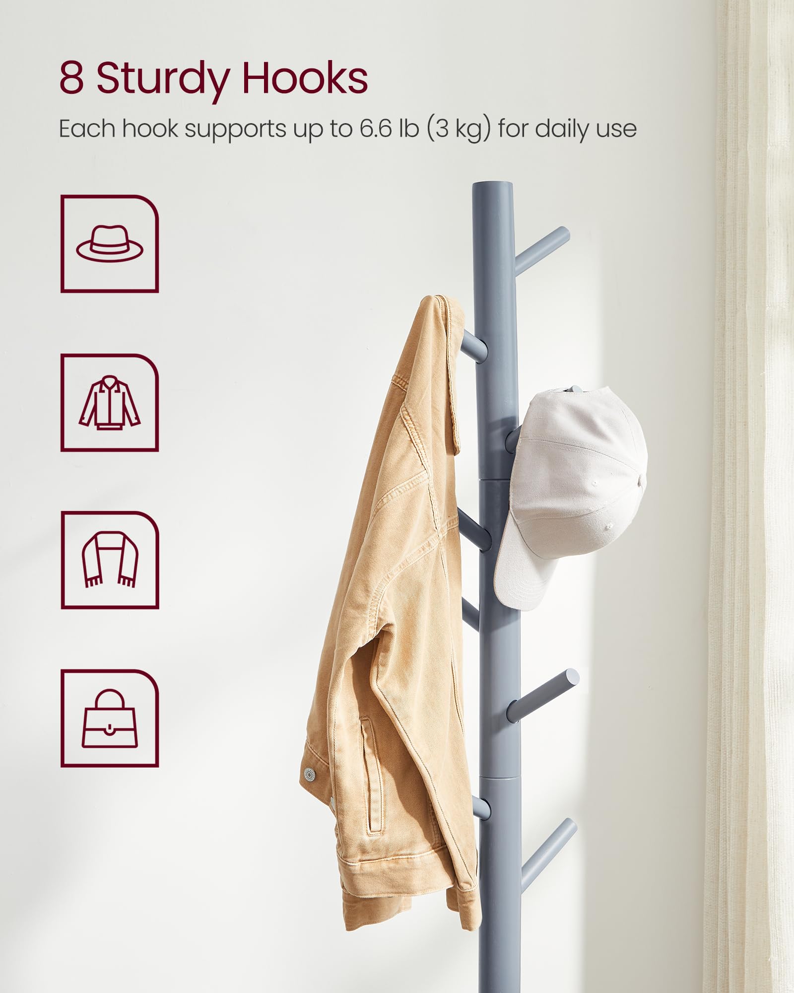 Vasagle Solid Wood Coat Rack, Free Standing Coat Rack, Tree-Shaped Coat Rack With 8 Hooks, 3 Height Options, For Clothes, Hats, Bags, For Living Room, Bedroom, Home Office, Grey Urcr04Gy