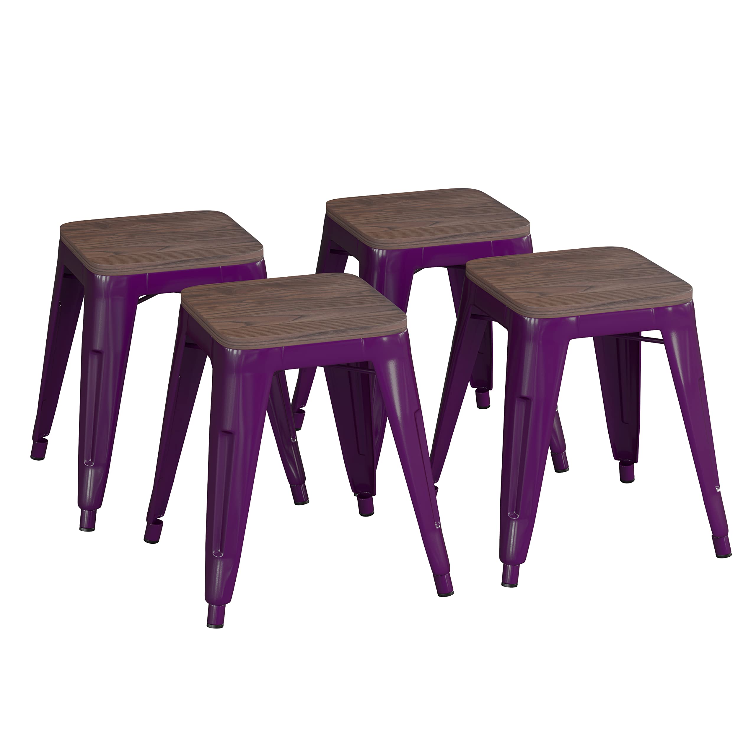 Flash Furniture Metal Dining Table Height Stool with Wooden Seat Set of 4 - Backless Purple Kai Commercial Grade Stool - Kai 18&quot; Stackable Dining Chairs