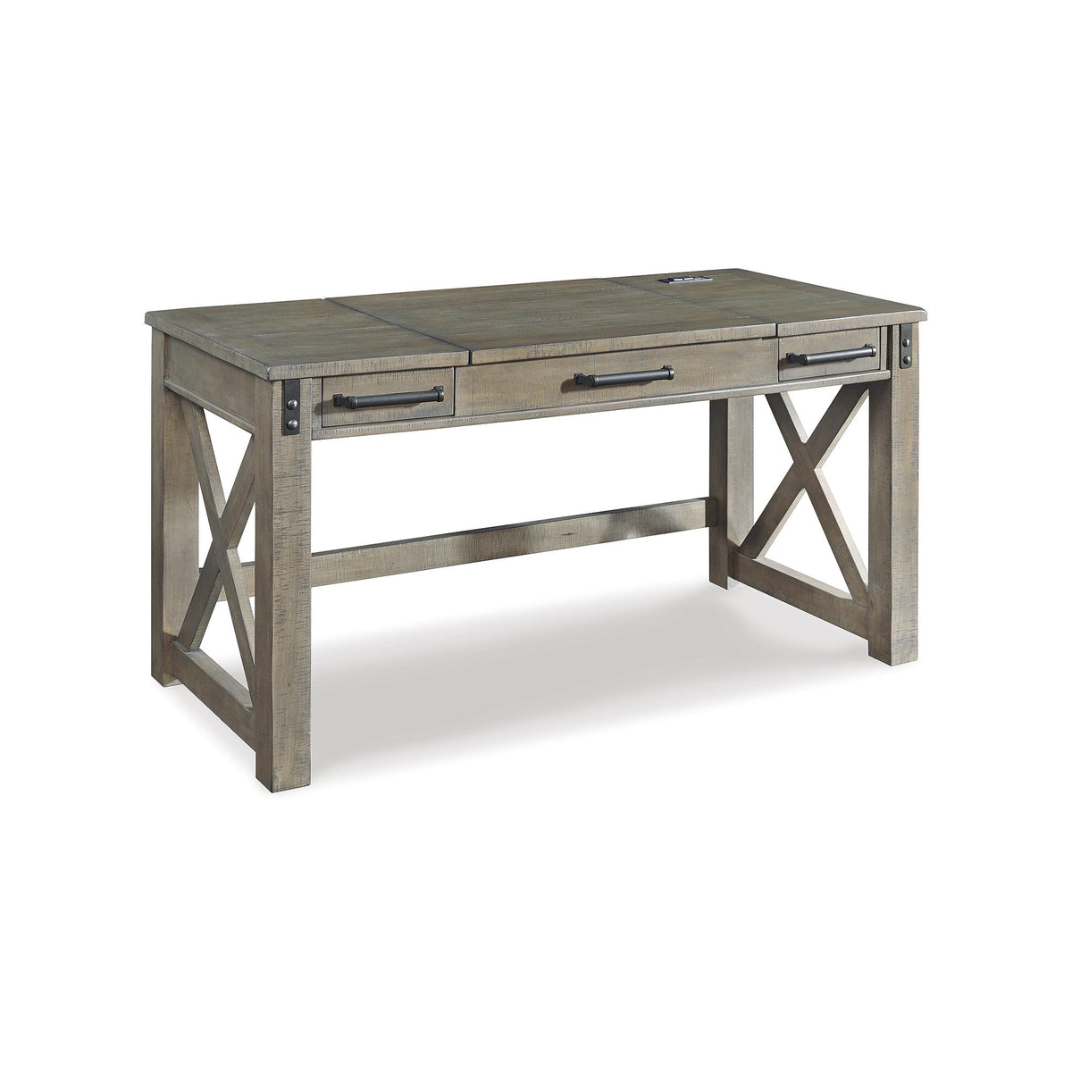 Signature Design by Ashley Aldwin Rustic Farmhouse 60'' Home Office Lift Top Desk with Charging Ports, Distressed Gray