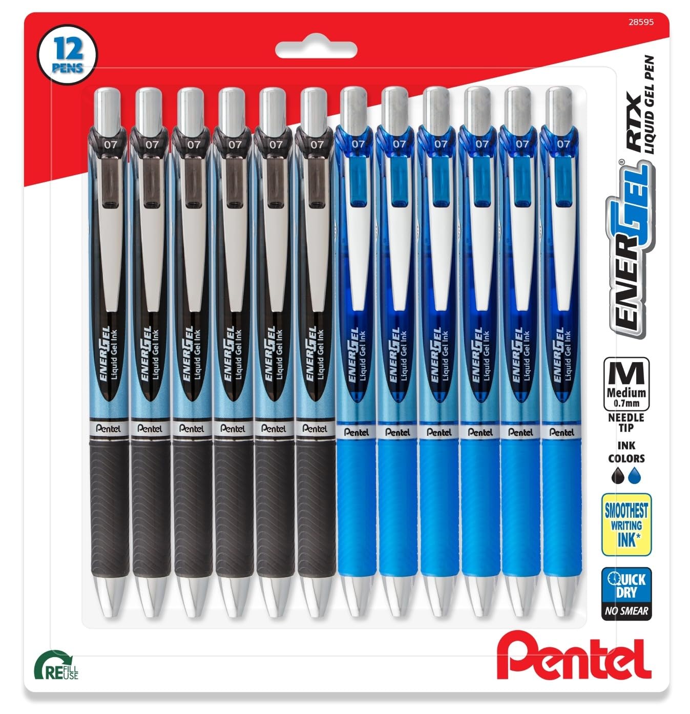 Pentel Rtx Energel Liquid Gel Ink Pens 0.7 Mm - Pack Of 12 Needle Tip, Medium Point Pens - 6 Black And 6 Blue