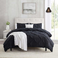 Black Duvet Cover Full Size 3 Piece Pintuck Comforter Set - 1 Duvet Cover 80X90 Button Closure With 2 Pillow Shams - Ultra Soft