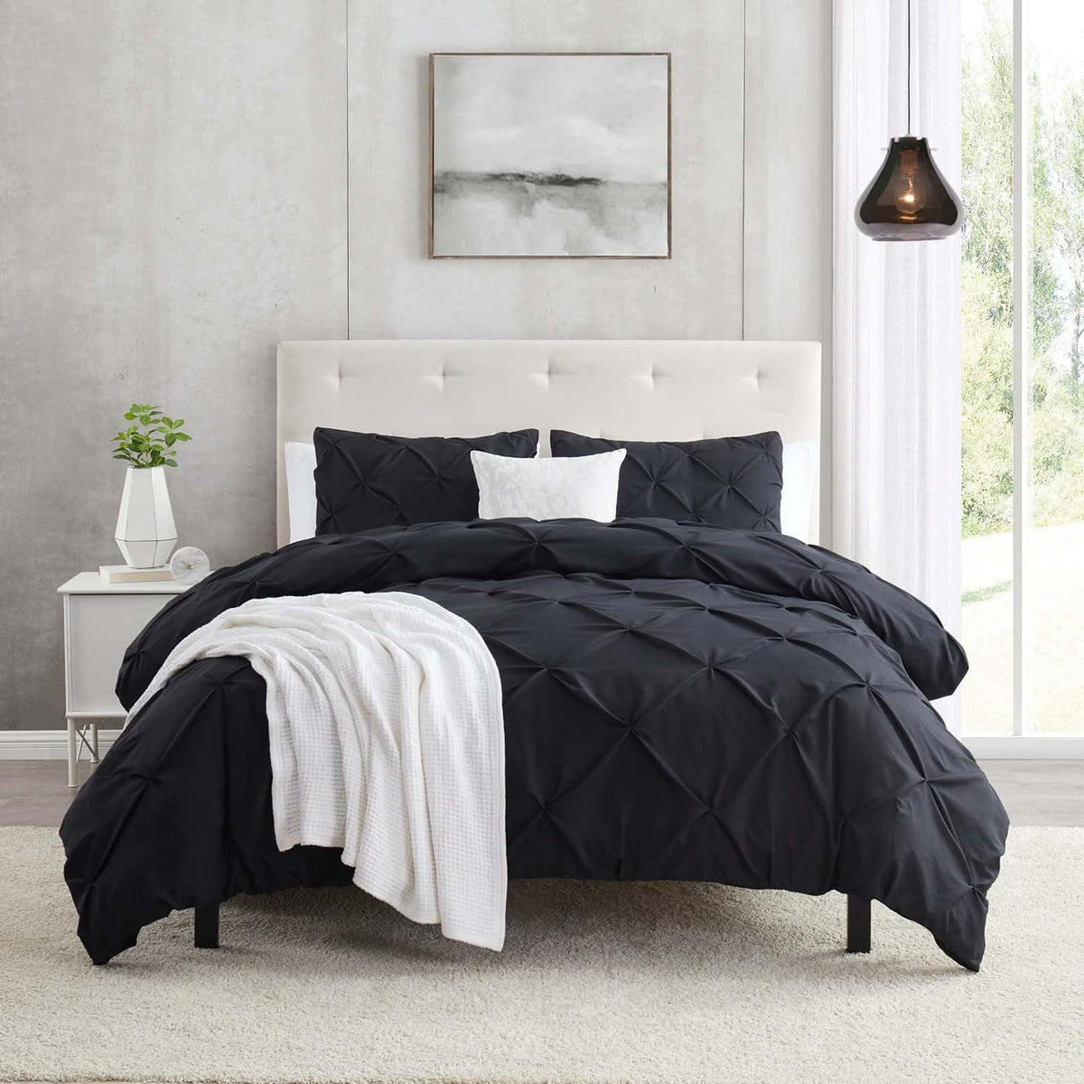 Black Duvet Cover Full Size 3 Piece Pintuck Comforter Set - 1 Duvet Cover 80X90 Button Closure With 2 Pillow Shams - Ultra Soft