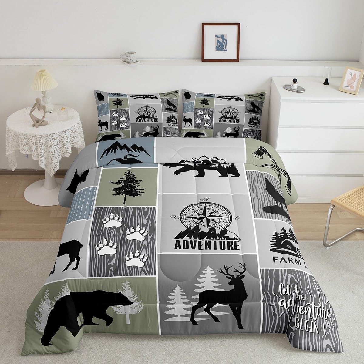 Rustic Farmhouse Cabin Kids Comforter Set Full Size,Deer Bear Hunting Adventure Bedding Set For Boys Girls Adults Room Decor,Geo