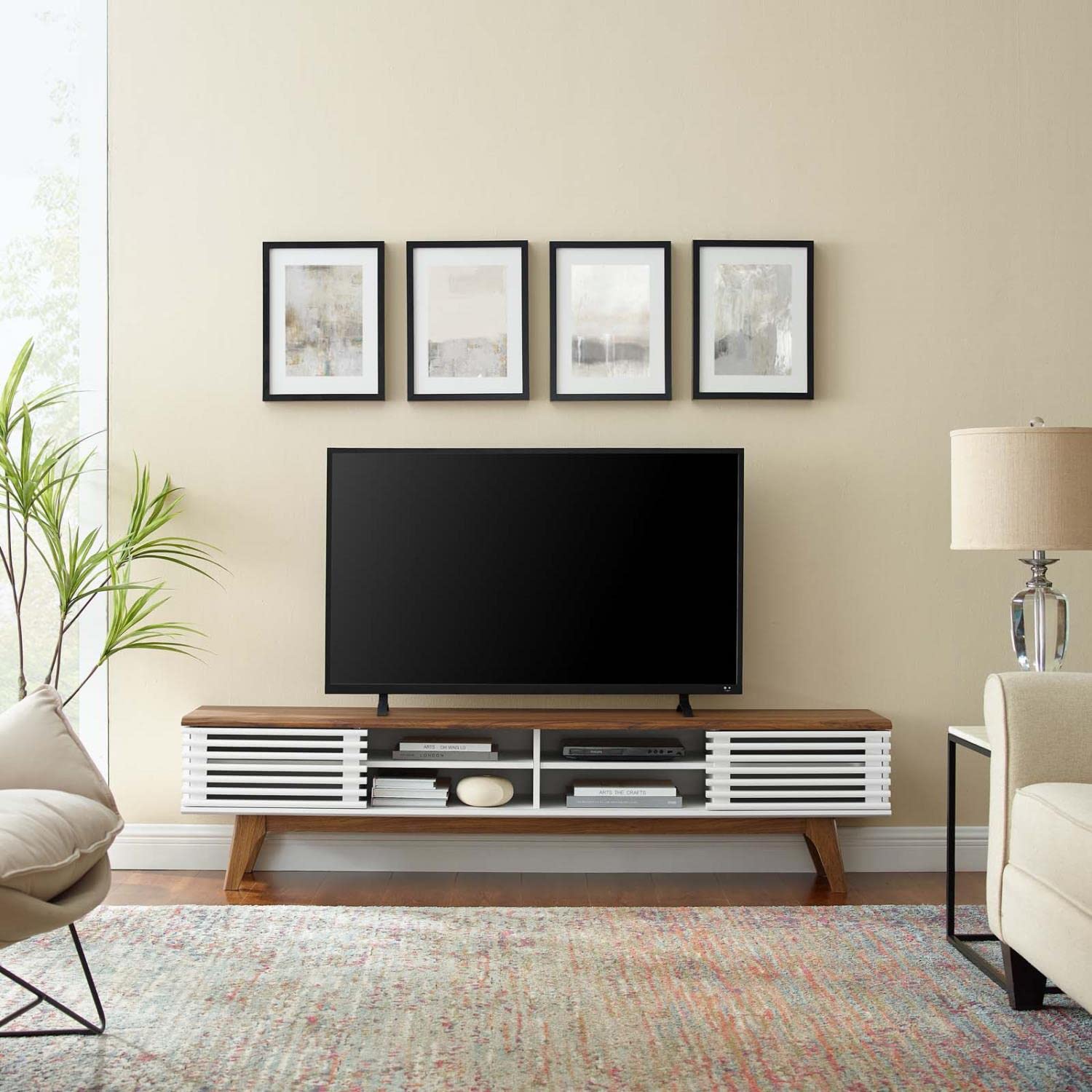 Modway Render Mid-Century Modern Low Profile 70 Inch Media Console TV Stand in Walnut White, 70&quot;
