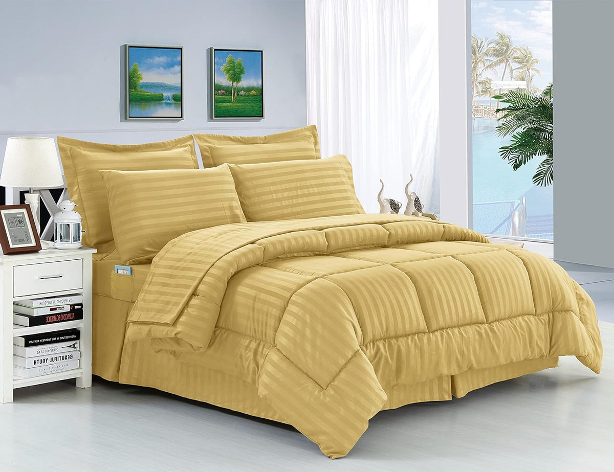 Elegant Comfort Wrinkle Resistant - Silky Soft Dobby Stripe Bed-In-A-Bag 8-Piece Comforter Set - King Gold