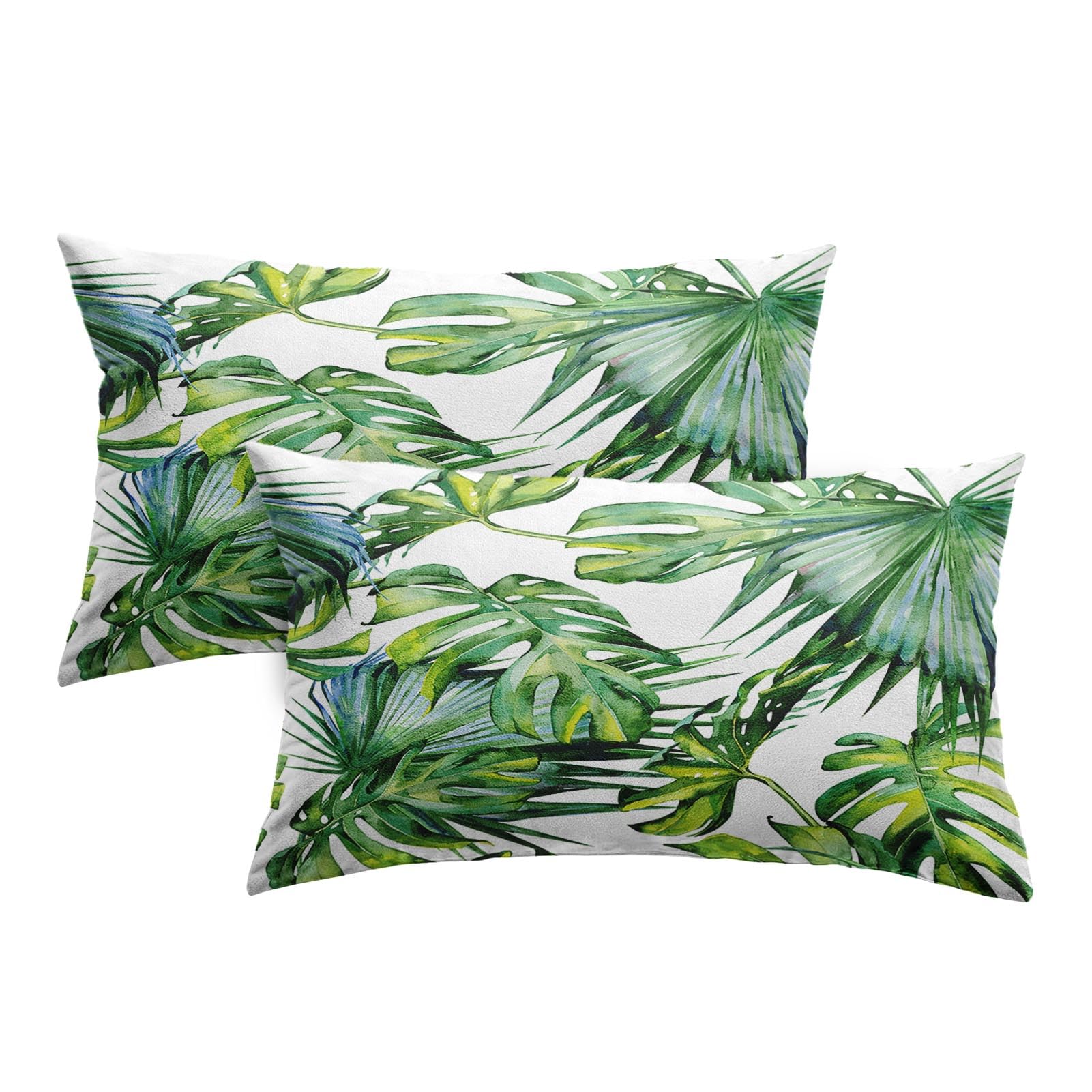 Emvency Set Of 2 Tropical Throw Pillow Covers Watercolor Artistic Modern Green Palm Leaf Decorative Pillow Cases Home Decor Rect