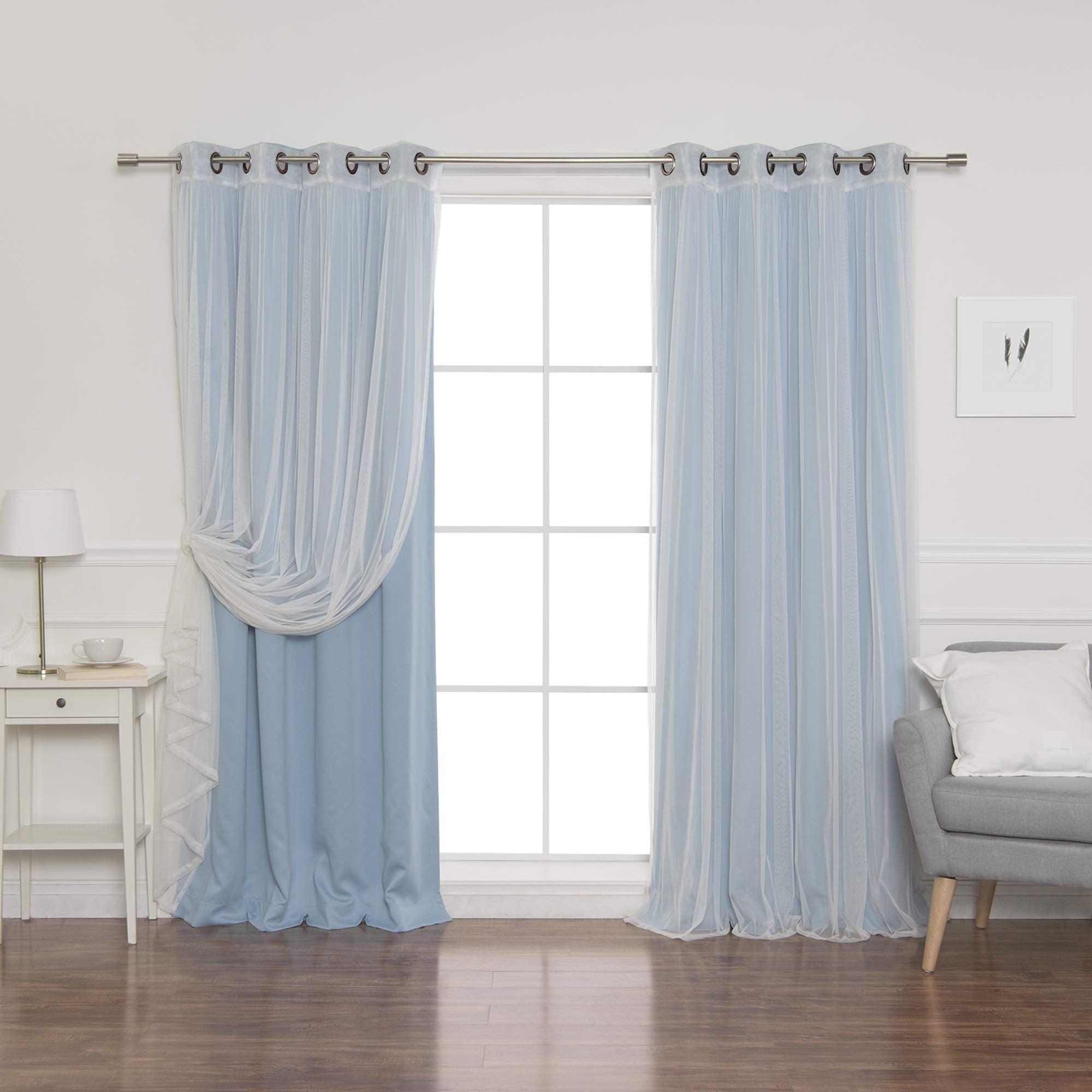 Best Home Fashion Umixm Tulle Sheer Lace & Blackout 4 Piece Curtain Set - Antique Bronze Grommet Top - Ocean - 52' W X 96' L -