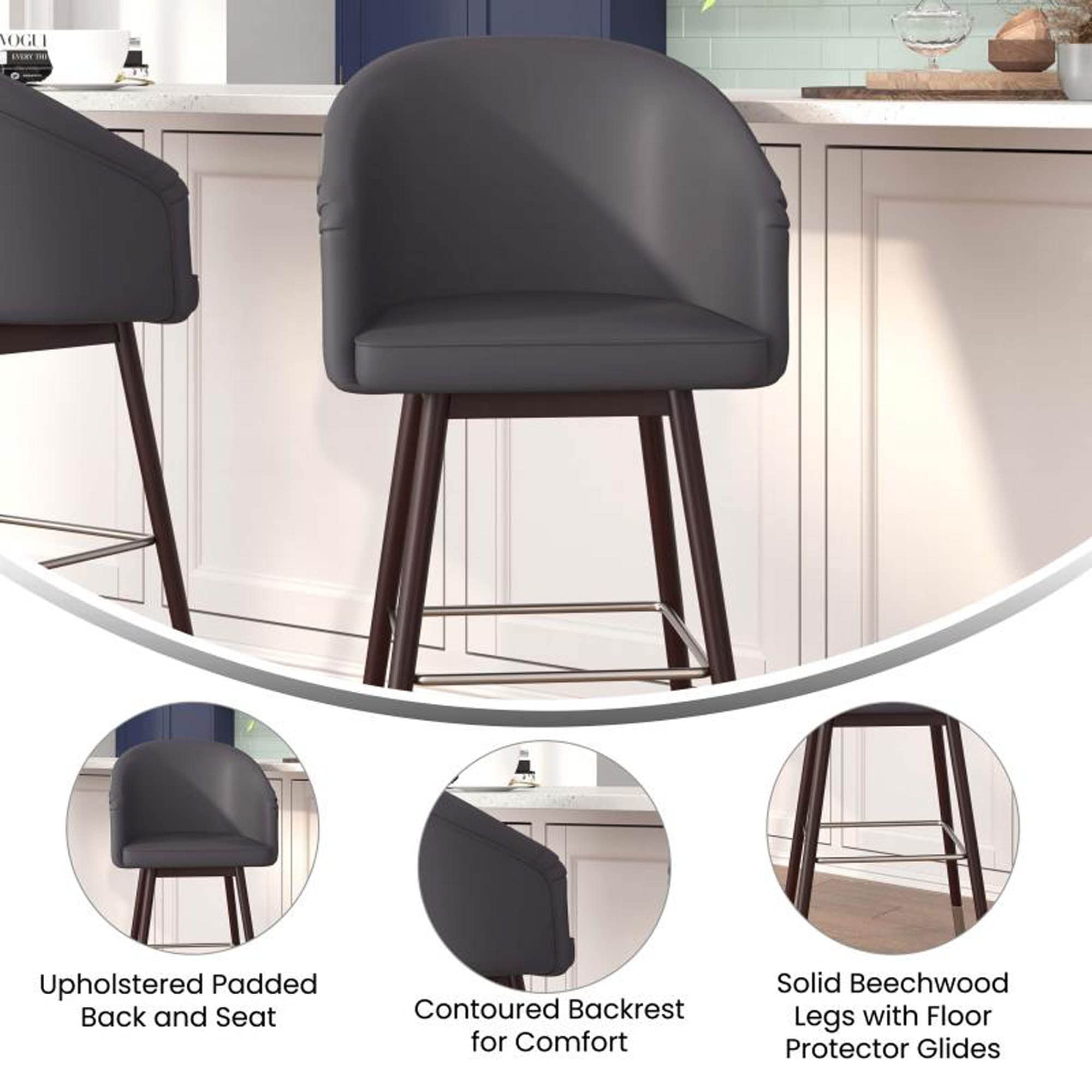 Flash Furniture Margo Commercial Grade Mid-Back Barstool - Gray Leathersoft Upholstery - Walnut Finish Beechwood Legs With Brushed Silver Accents - 30&Quot; Bar Stool