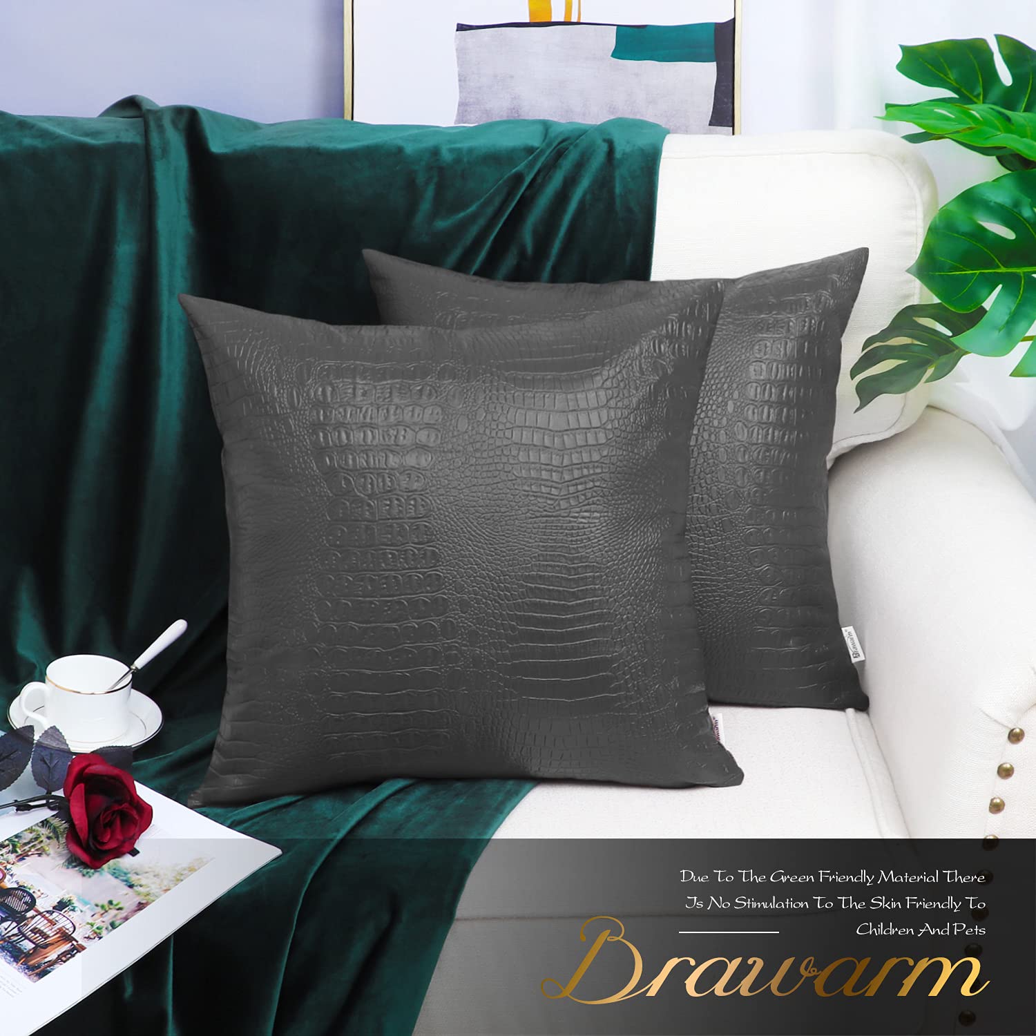 Brawarm Faux Leather Pillow Covers 16 X 16 Inches, Charcoal Gray Leather Pillow Covers Pack Of 2, Crocodile Leather Decorative T