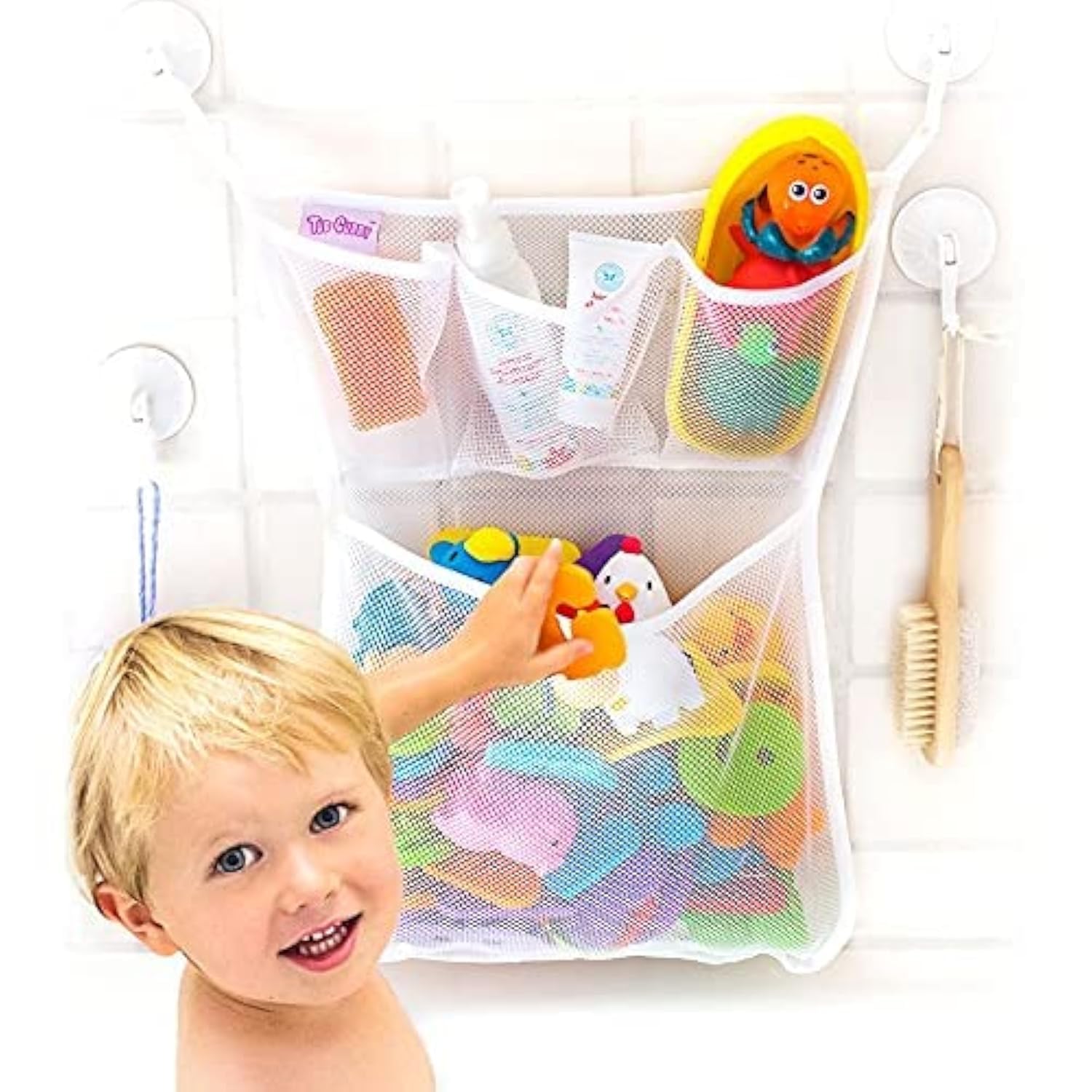 Original Tub Cubby Bath Toy Storage Organizer - 14''x20'' Mesh Shower Caddy With Suction Cup & Adhesive Hooks, Toy Storage Net O
