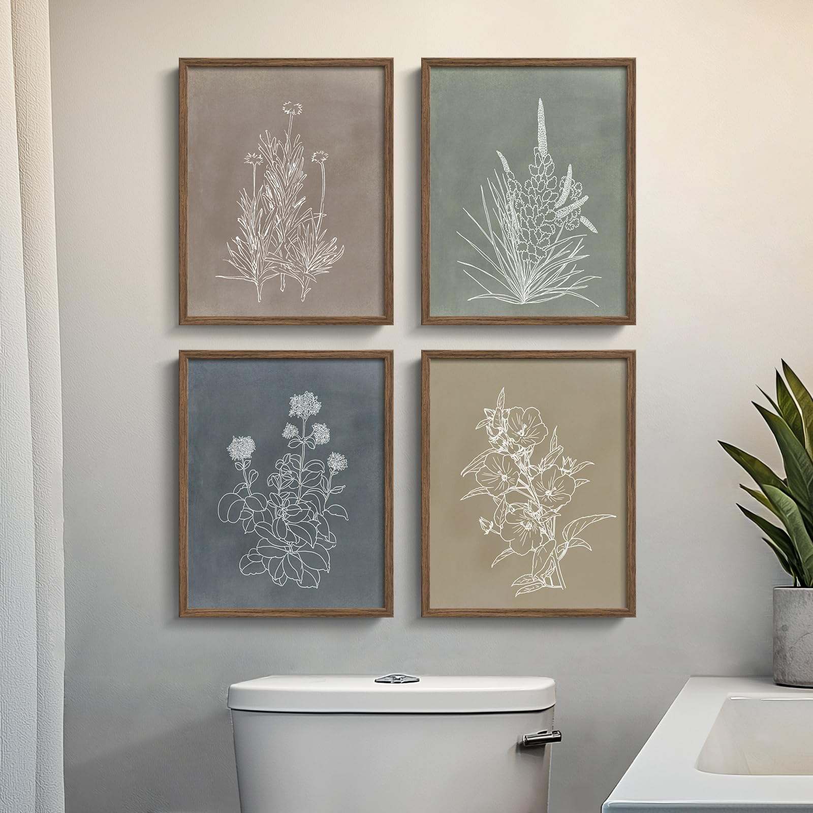 Boho Framed Botanical Wall Art for Bathroom Wall Decor, Set of 4 Canvas Paintings ArtWork for Walls, Vintage Minimalist Floral N