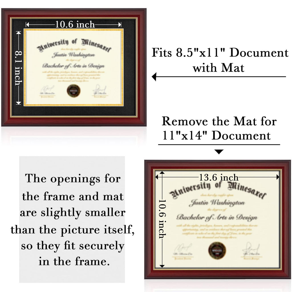 Minesaxel 11X14 Diploma Frame With 8.5 X 11 Opening Black Mat, Display 8.5X11 Degree Certificate Document, Wall Mount Or Tableto