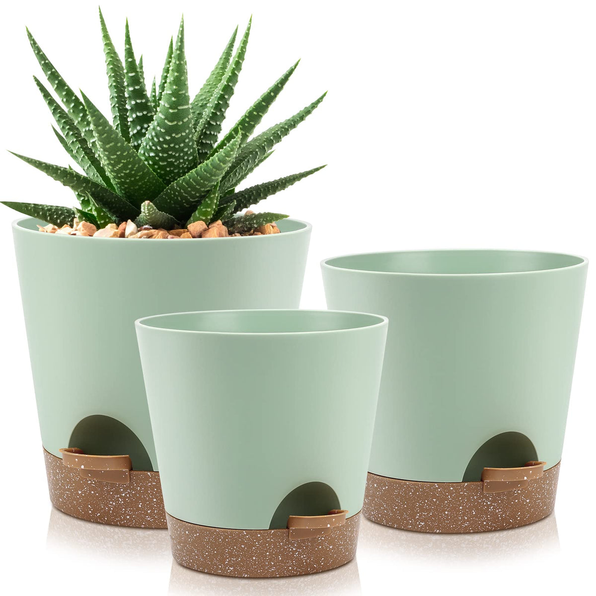 Ynnico Indoor Self Watering Planters With Drainage Holes And Saucers, 9,8, 7.5 Inches, Green, 3 Pots (Springgreen)