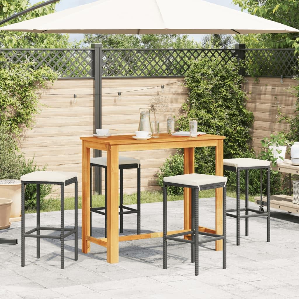 vidaXL 5-Piece Patio Bar Set - Black Poly Rattan & Solid Acacia Wood Table - Outdoor Bar Furniture with Washable Cushions