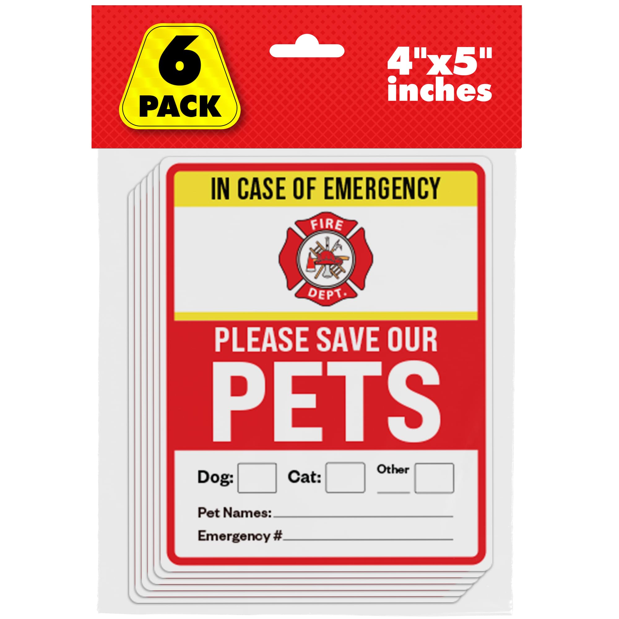 Pet Alert Safety Fire Rescue Sticker, 4''x5'' 6pack - Save Our Pets Emergency Pet Inside Decal - in Case of Emergency Danger Pet