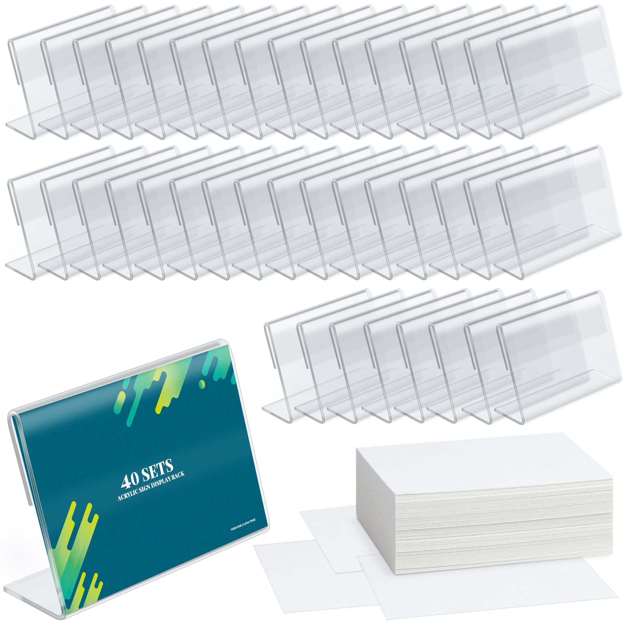 Billioteam 40Pack Mini Clear Sign Display Holder With Blank Labels,3.5*2.4 Inch Horizontal Slanted L-Shape Plastic Name Card Pri