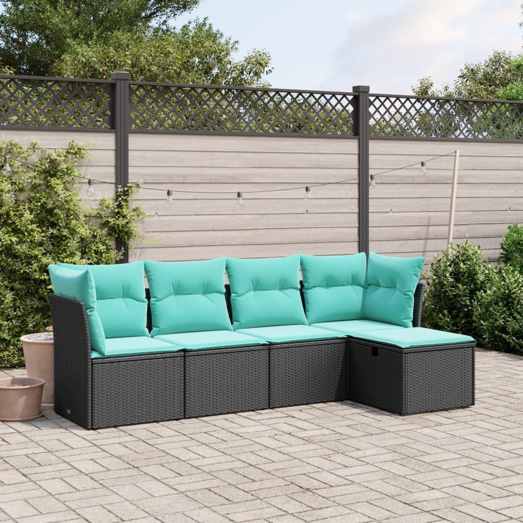 vidaXL Patio Sofa Set with Cushions - 5 Piece Black Poly Rattan Outdoor Modular Furniture for Garden/Backyard/Terrace