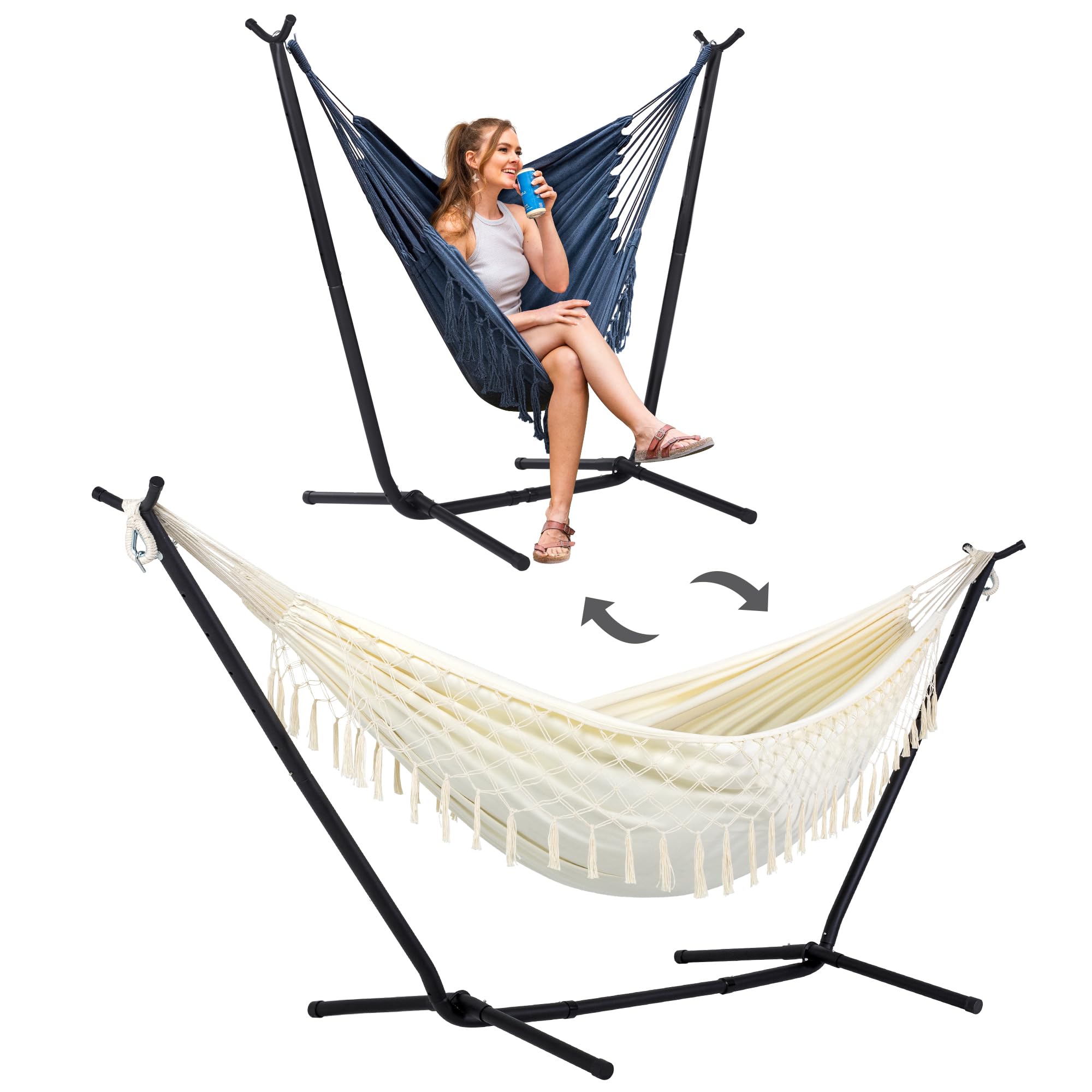 Suncreat 2-In-1 Convertible Portable Double Hammock With Stand Included, Outdoor Hammock And Stand, Patent Pending, Natural Tass