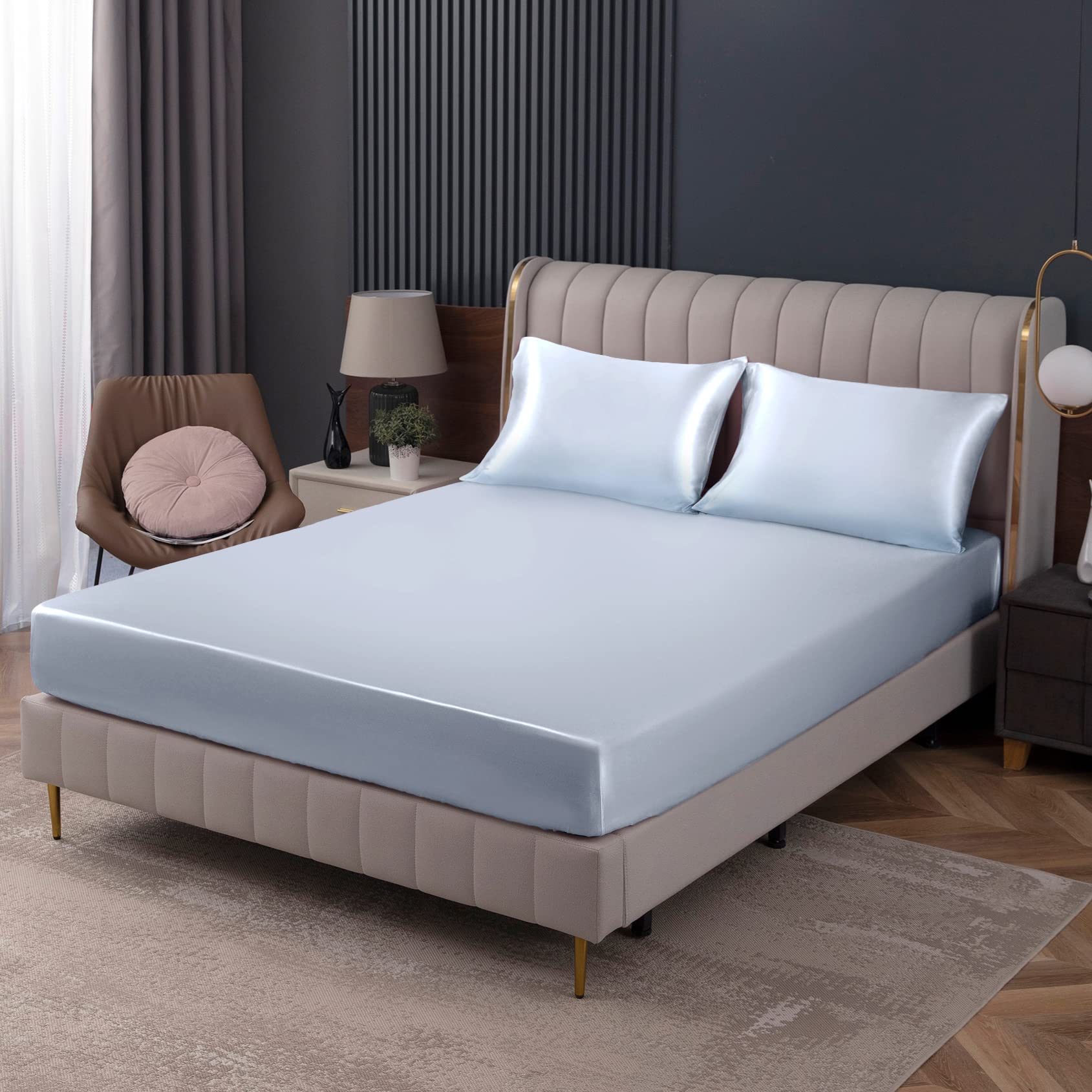 Homiest Baby Blue Satin Fitted Sheet Twin Size Fitted Bed Sheet, Deep Pocket Fitted Sheet Only, Luxury & Ultra Soft Bedding Fitted Sheet Single Bottom Bed Sheets Sold Separately