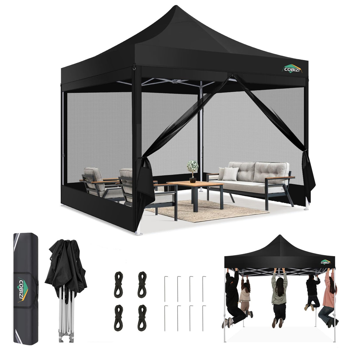 Cobizi 10X10 Canopy Tent, Heavy Duty Pop Up Canopy With Sidewalls, Waterproof Easy Setup Canopy With Mosquito Netting, Outdoor I