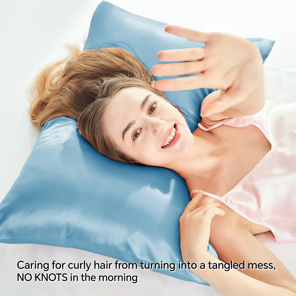 Bedelite Satin Pillowcase With Zipper 2 Pack, Blue Pillow Cases Standard Size, Super Soft And Cooling Similar To Silk Pillow Cas