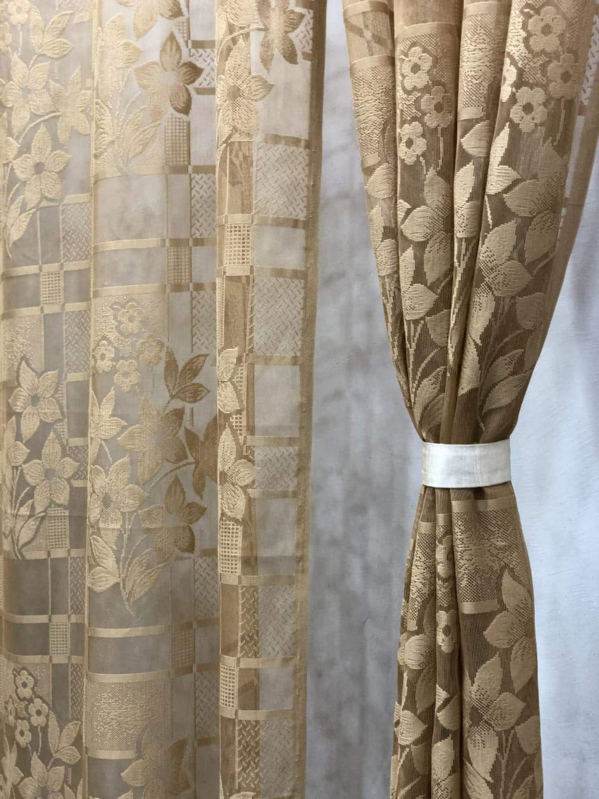Fabrilia Heavy Polyester Net Semi Transparent Fancy Grommet Semi Sheer Curtains , Floral Design, Brown, Long Door 4 Feet X 9 Fe