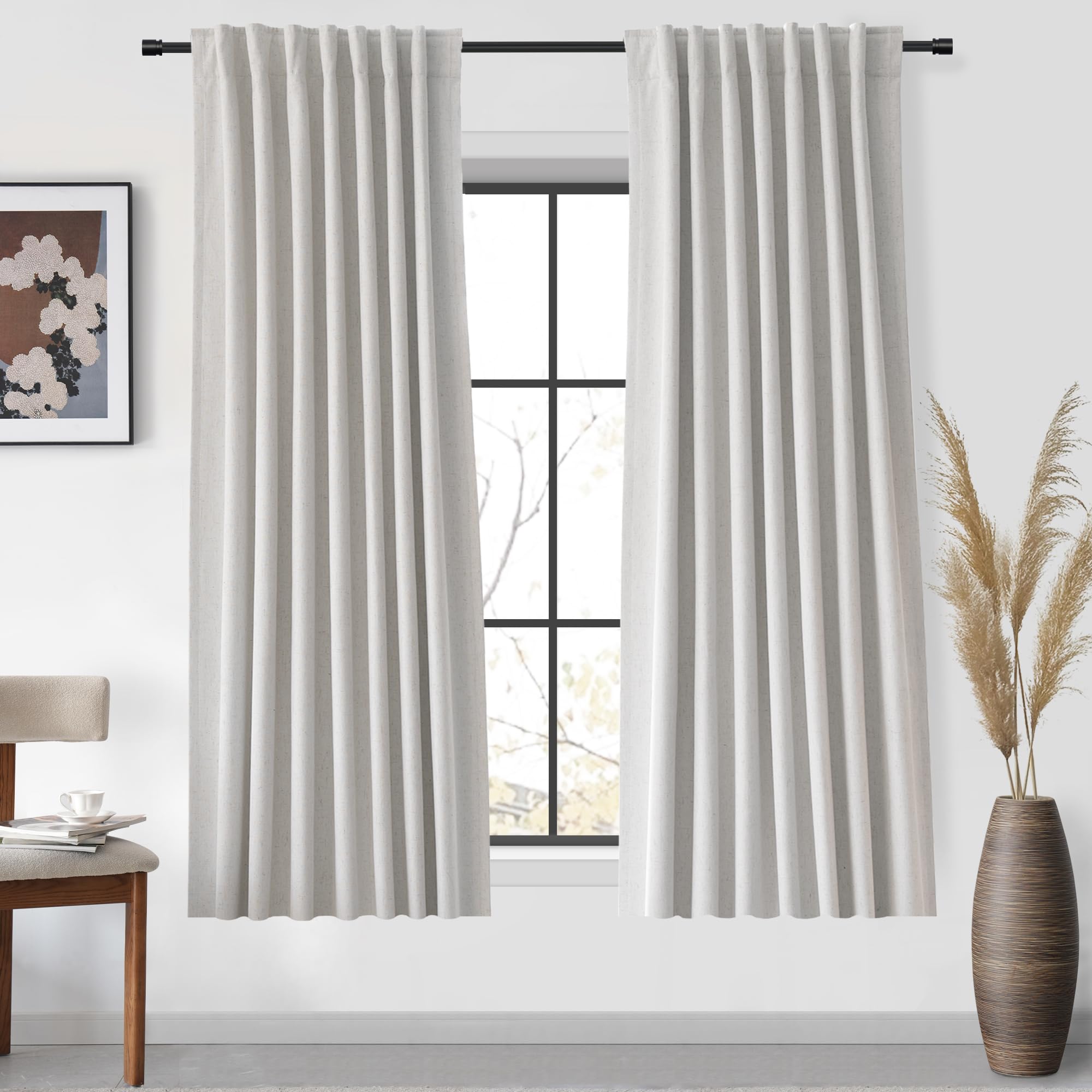 Uhitech Beige Linen Blackout Curtains 63 Inches Long 2 Panels Set For Living Room Modern Linen Textured Black Out Curtains Heati
