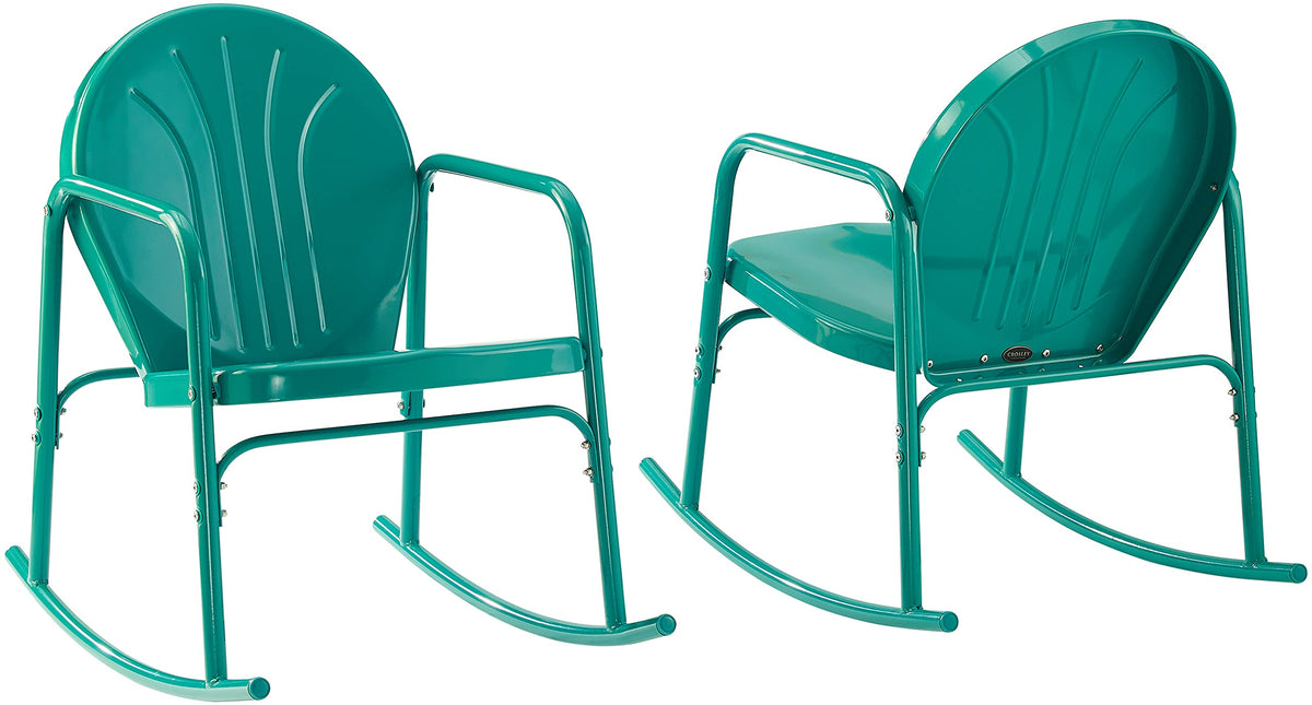 Crosley Furniture Griffith Retro Metal Outdoor Rocking Chairs, Set Of 2, For Porch, Deck, Balcony, Backyard, Turquoise Gloss