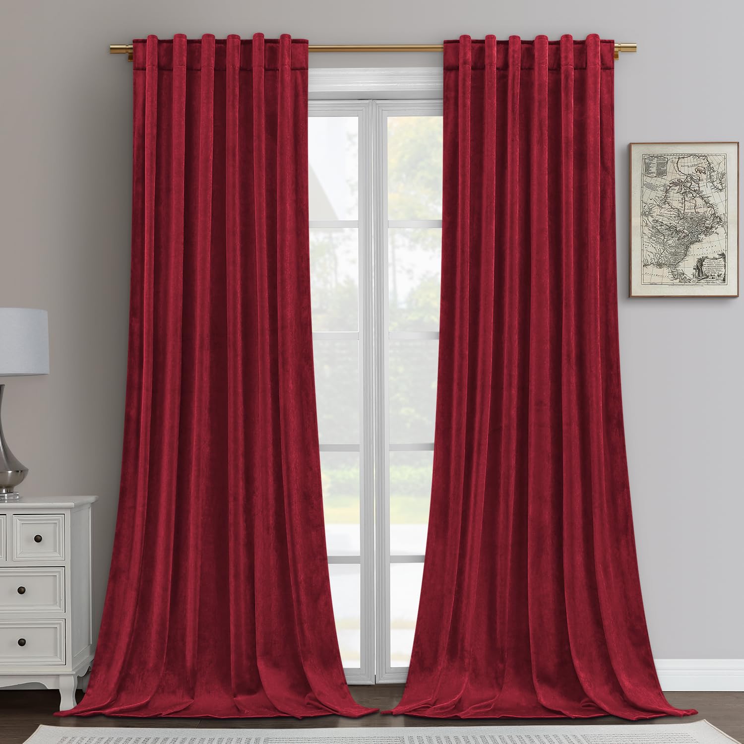 Homeideas Red Velvet Curtains 52 X 84 Inches, 2 Panels Soft And Thick Room Darkening Curtains/Drapes, Thermal Insulated Pocket B