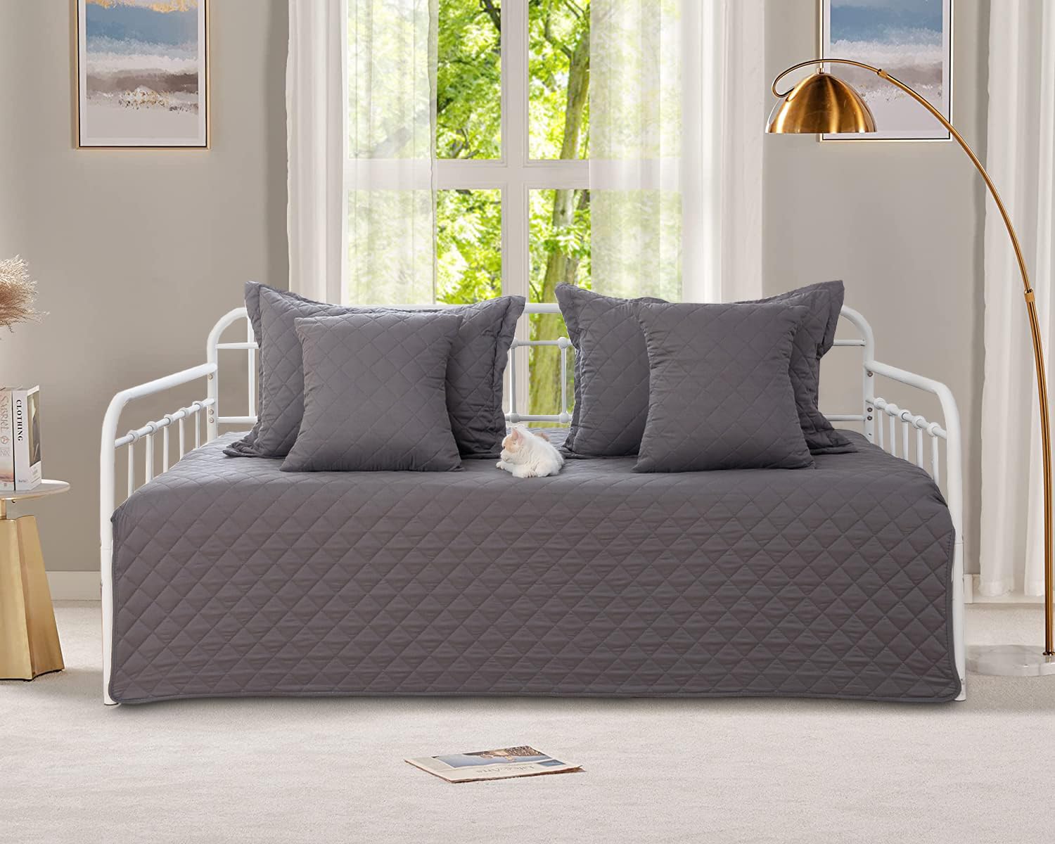 Feyocn 5-Piece Daybed Cover Set Gray,Twin Cozy Daybed Bedding Sets For All Season Double Sided-Quilting Daybed Comforter Bedspre