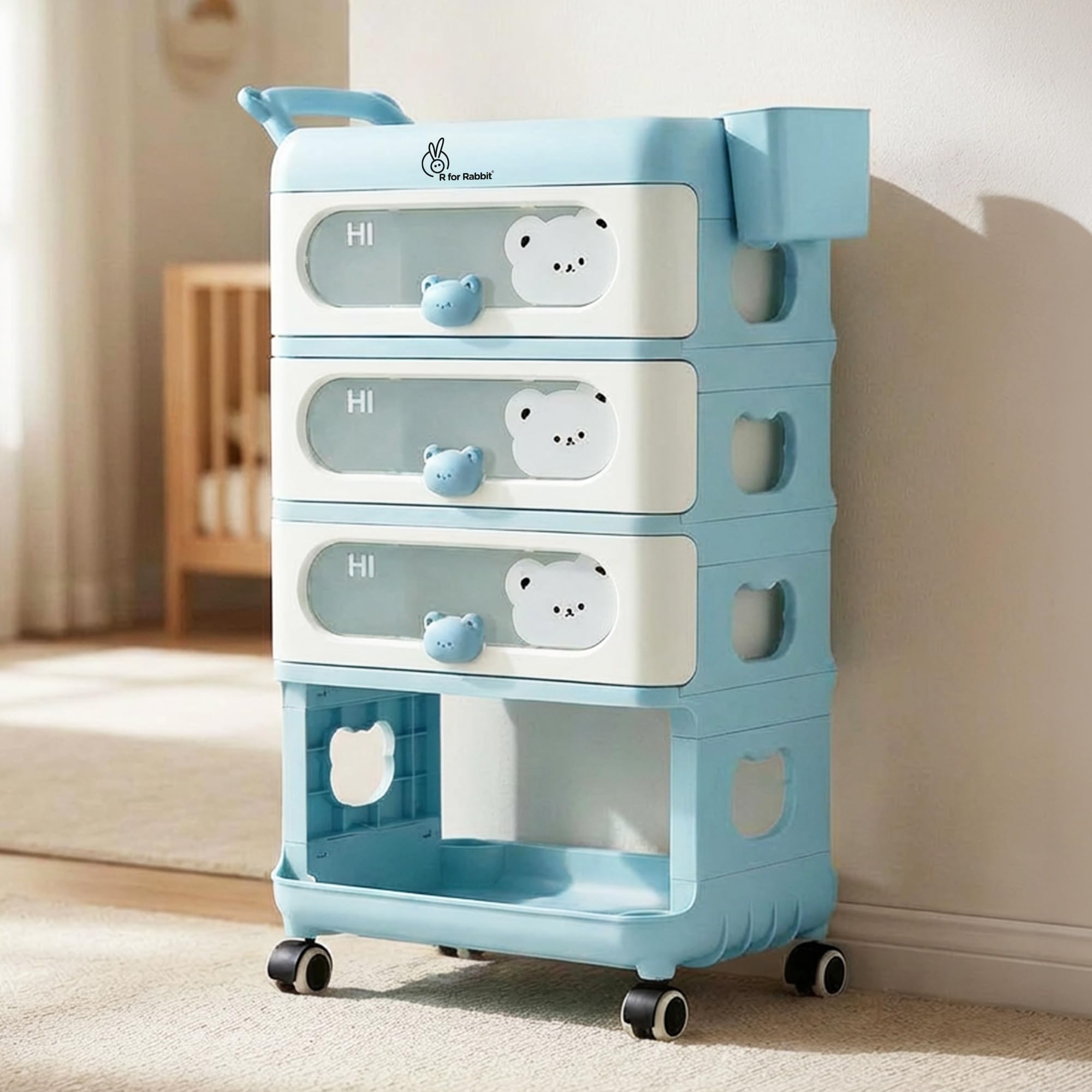 R For Rabbit Kiddo Korner Bear Baby Organiser With Drawers & Wheels | Kids Toy & Clothes Storage With Open Shelf & Side Basket |