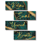 ONIZHITY 4 Pcs Large Green and Gold Bathroom Decor Green Gold Wall Decor Relax Soak Unwind Breathe Wood Rustic Marble Bathroom A