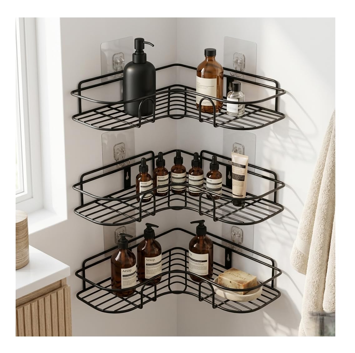 Alturas Corner Shelf Rack, No Drilling Self Adhesive, Wall Mounted, Rustproof, for Bathroom and Kitchen, (Set of 3)