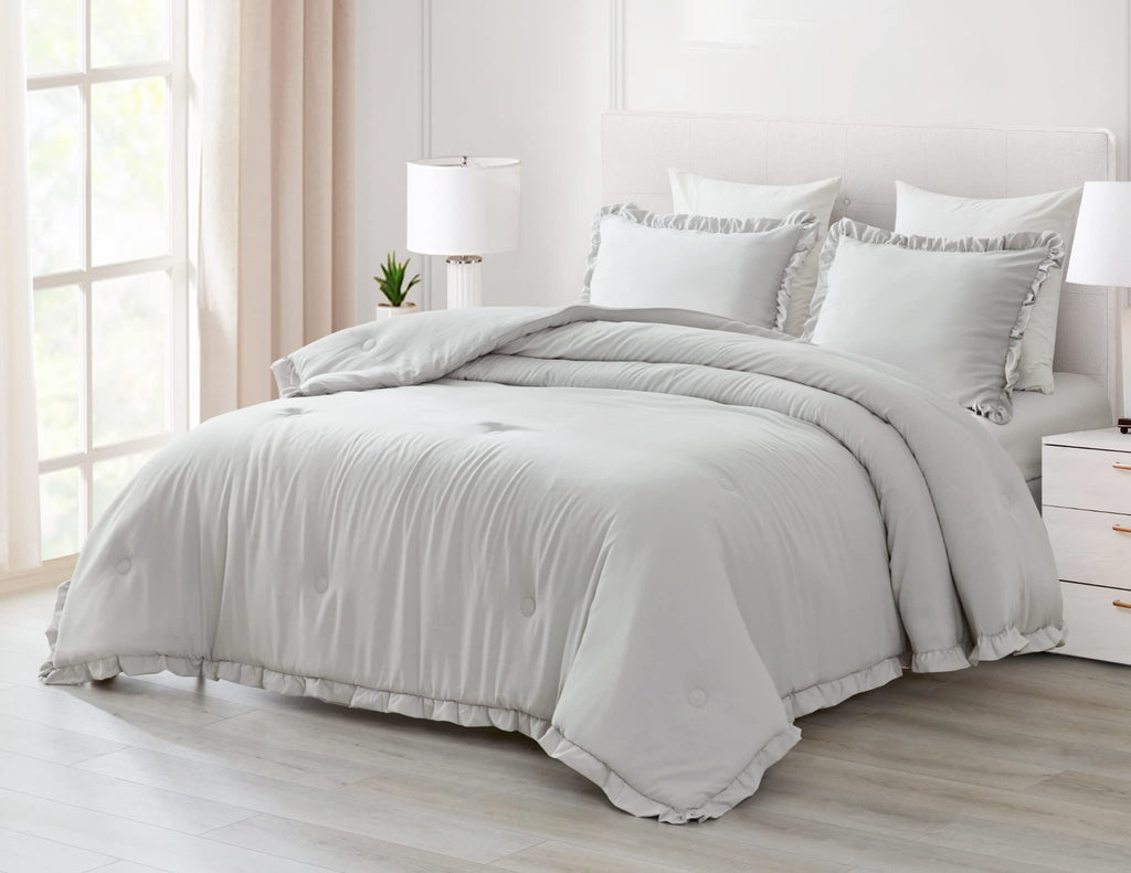 Chezmoi Collection Nora 3-Piece Ruffled Edge Trim Soft Washed Microfiber Comforter Set (King, Light Gray)