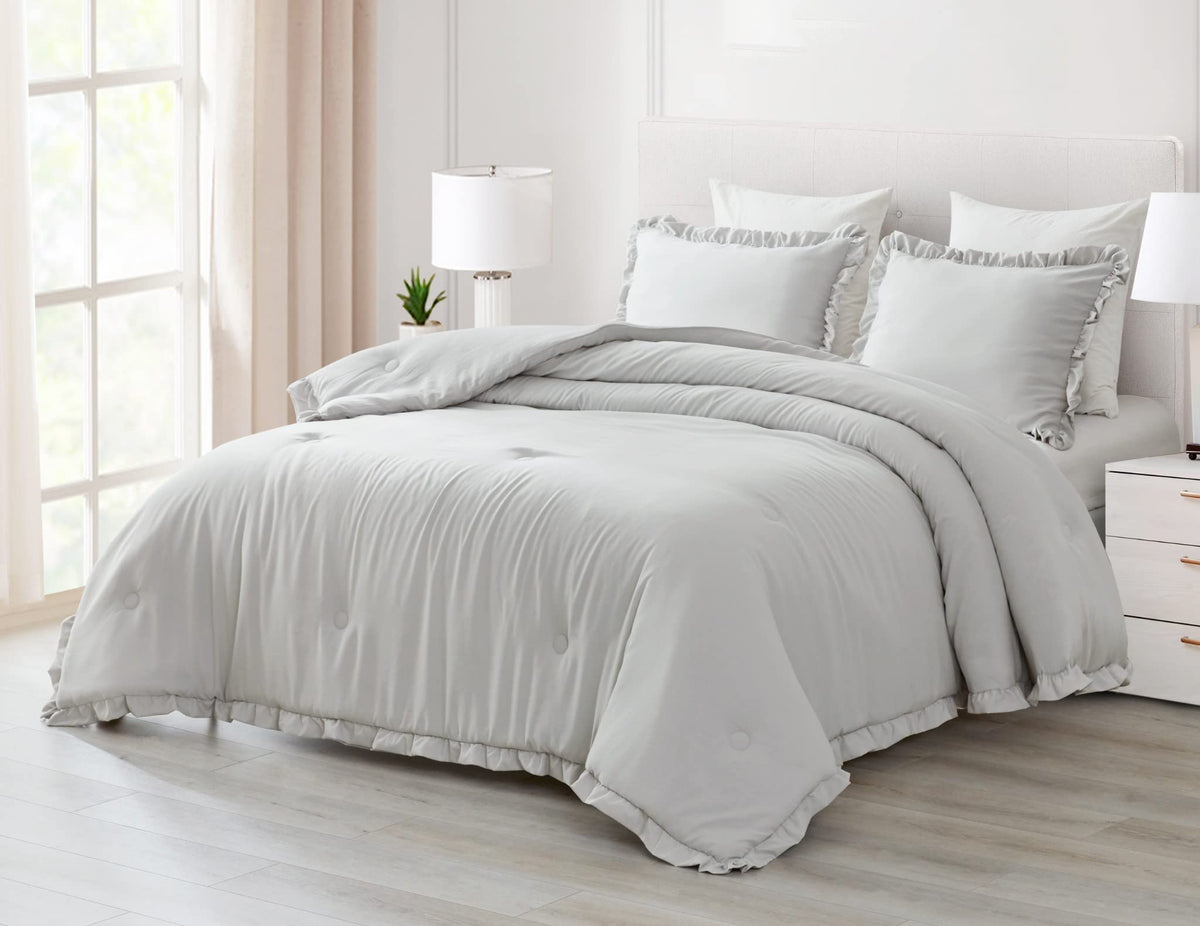 Chezmoi Collection Nora 3-Piece Ruffled Edge Trim Soft Washed Microfiber Comforter Set (Full, Light Gray)