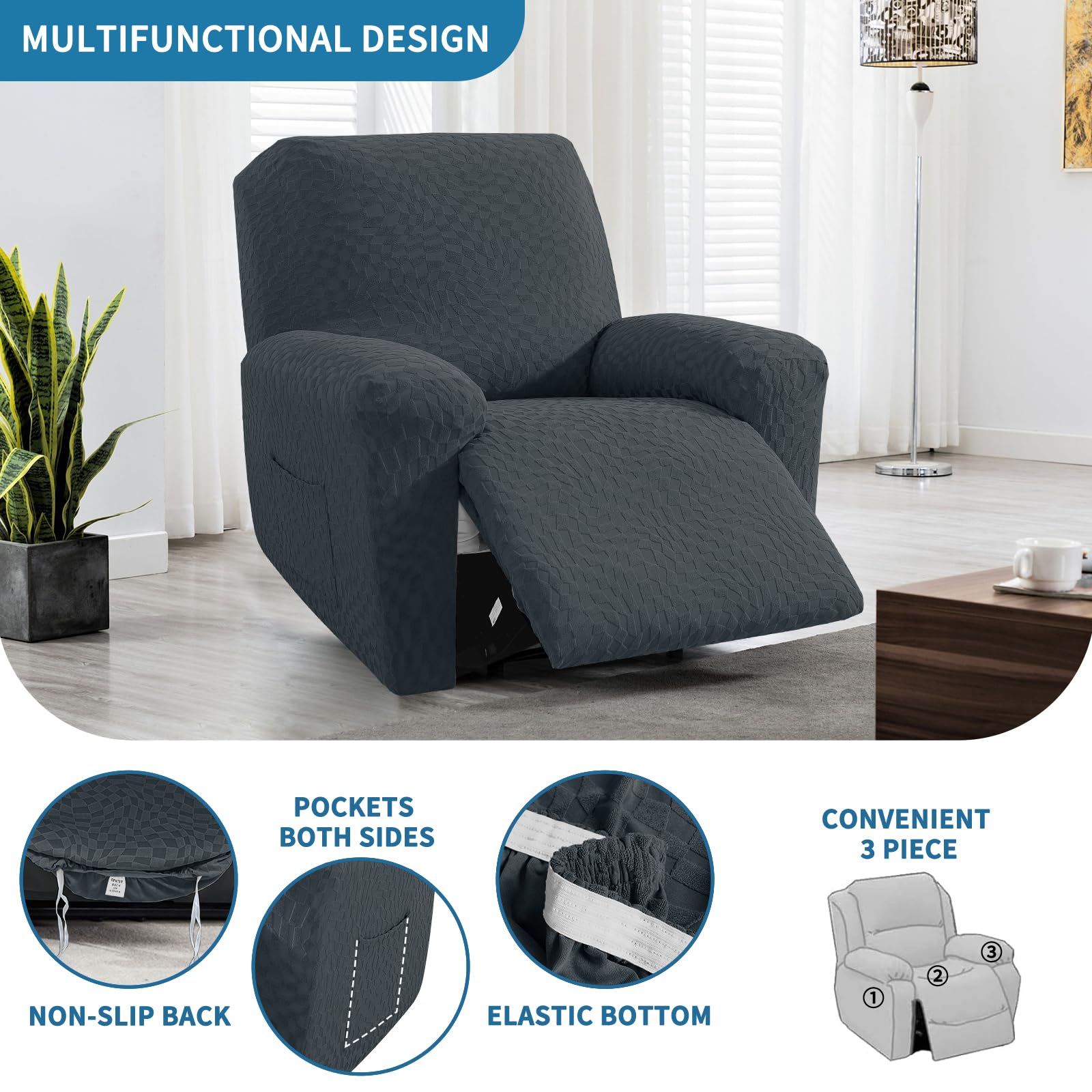 2024 Recliner Chair Covers (24''-37'') Newest 3-Piece With Non-Slip Ties & Elastic Stay In Place, Stretch Recliner Slipcover For