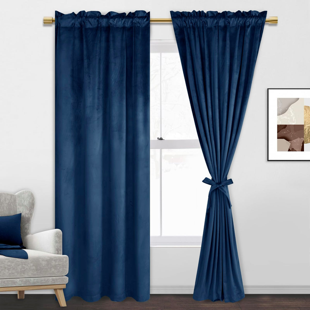 Jiuzhen Navy Velvet Curtains 72 Inches For Living Room - Privacy Protect Room Darkening Rod Pocket Thick Velvet Window Drapes Fo