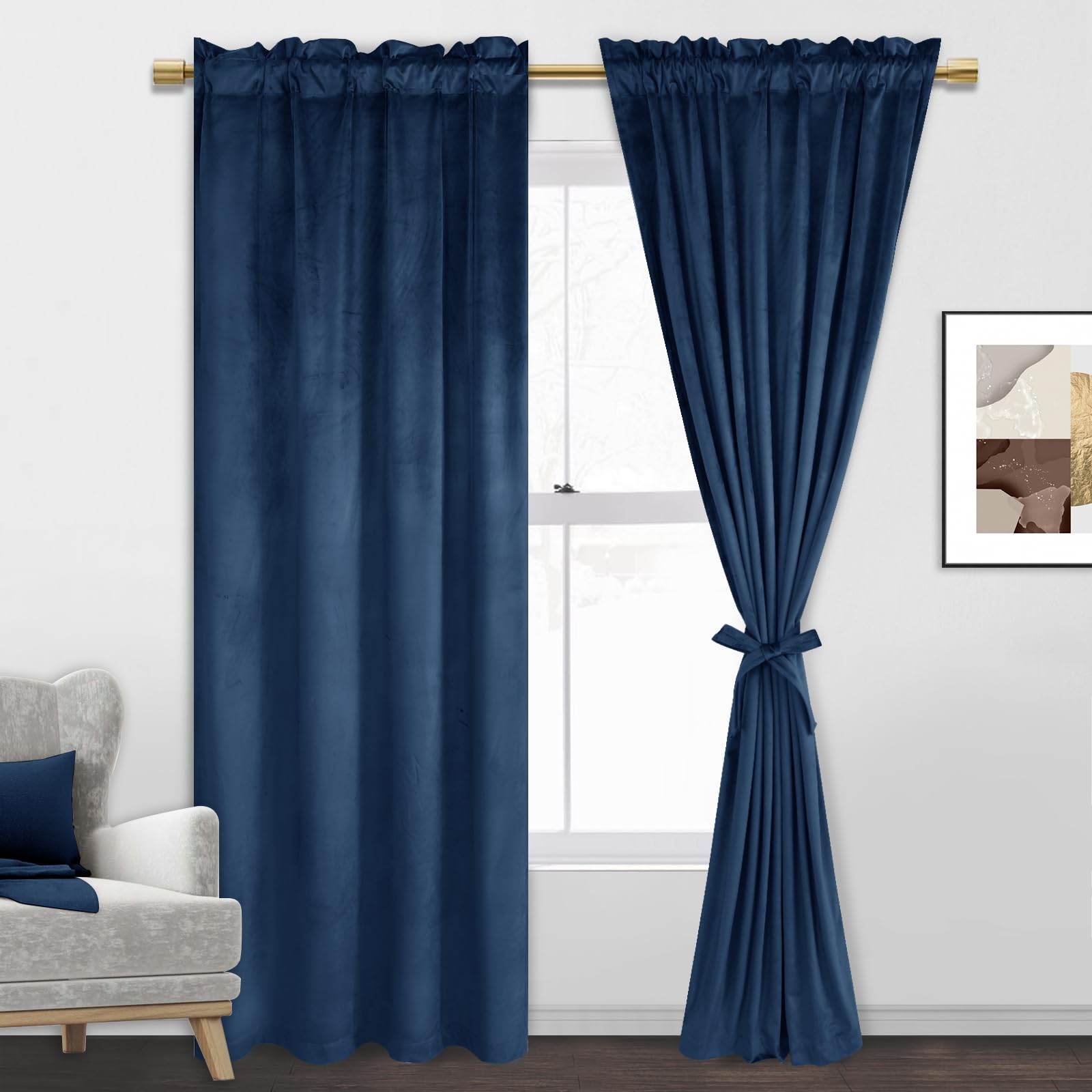 Jiuzhen Navy Velvet Curtains 72 Inches For Living Room - Privacy Protect Room Darkening Rod Pocket Thick Velvet Window Drapes Fo